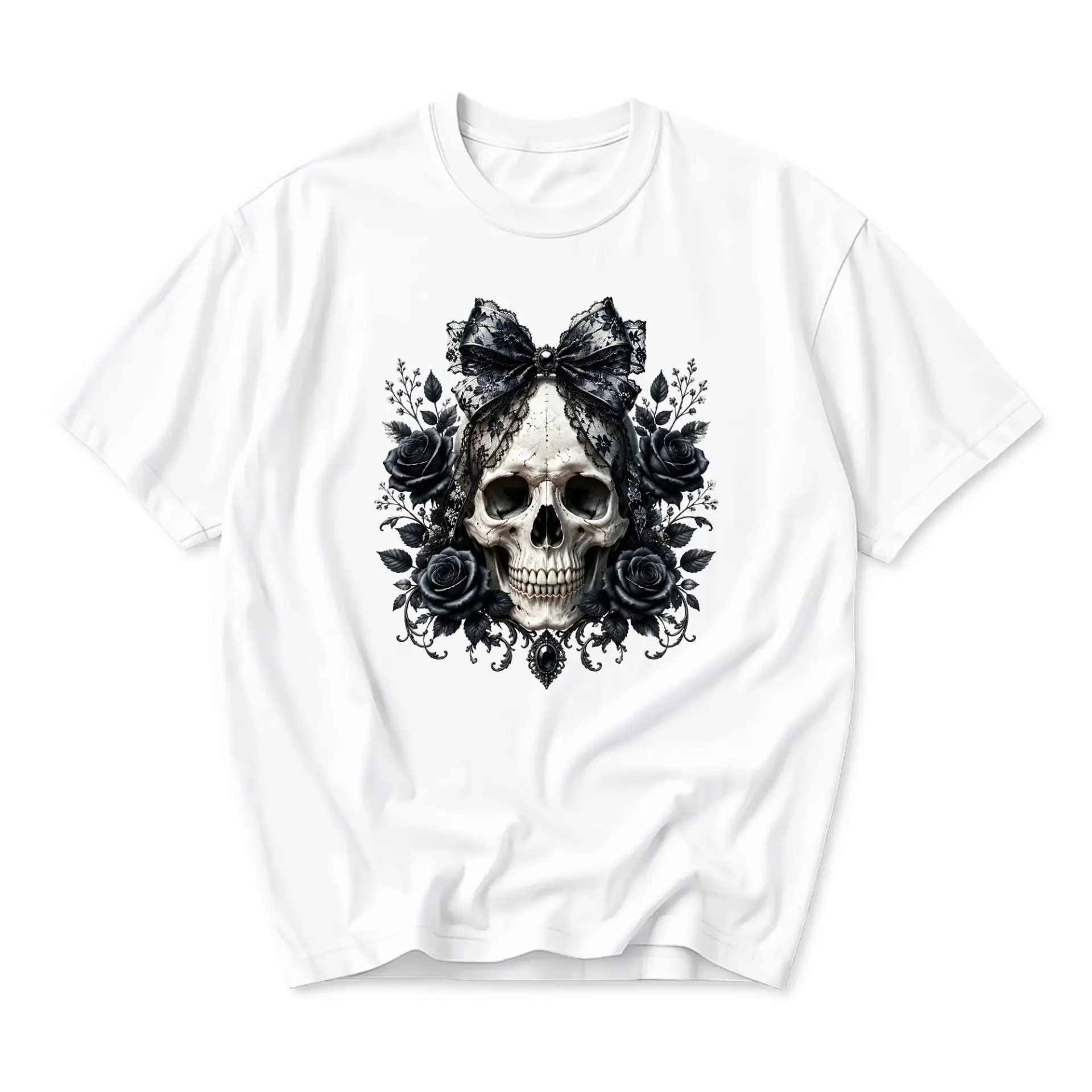 T-shirt Graphic Tee Featuring Gothic Skull with Lace Bow and Black Roses Illustration for Everyday Casual Apparel Wear