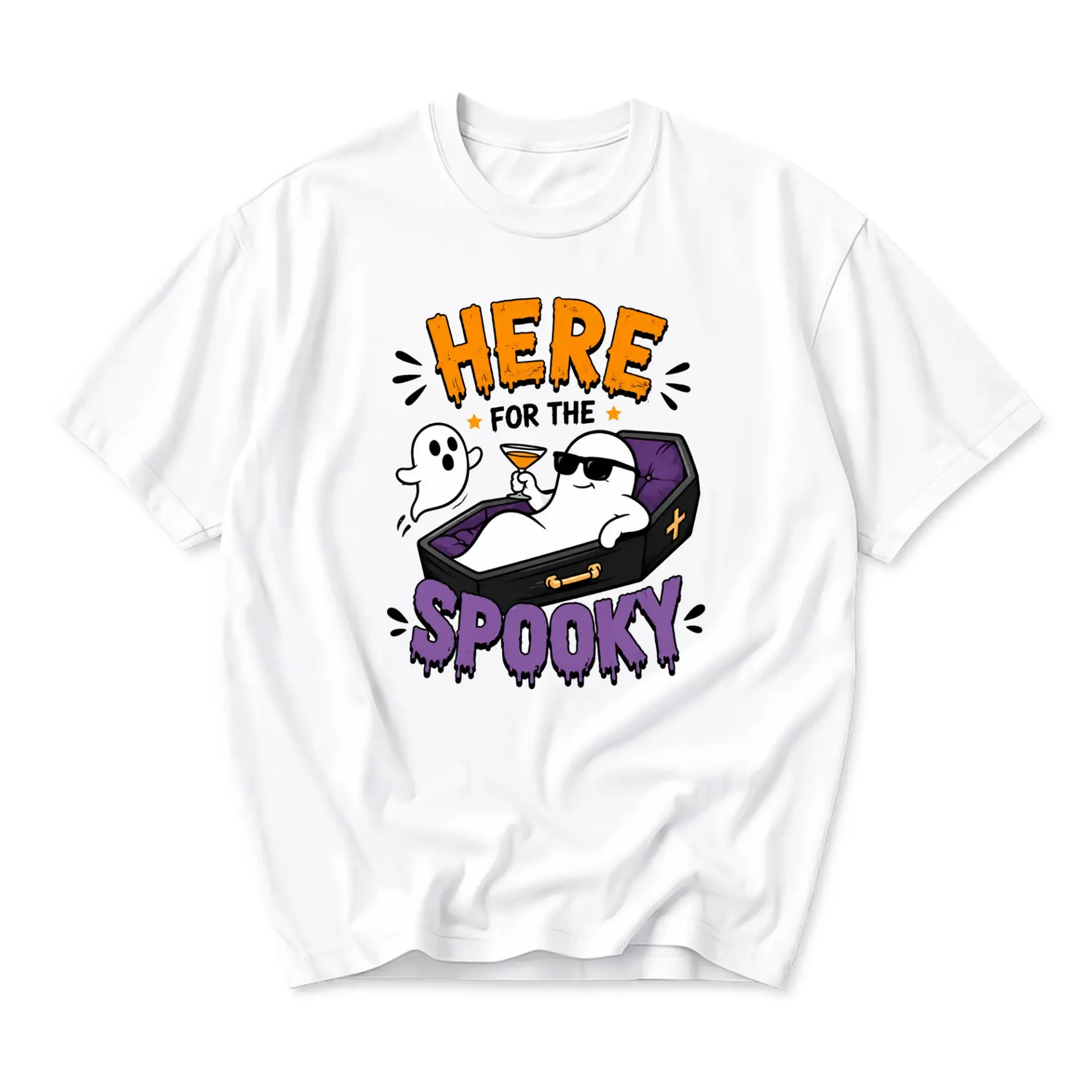 Funny Shirt Here for the Spooky Graphic Tee Featuring Chill Ghost in a Coffin Unisex Crew Neck Casual Cotton Top
