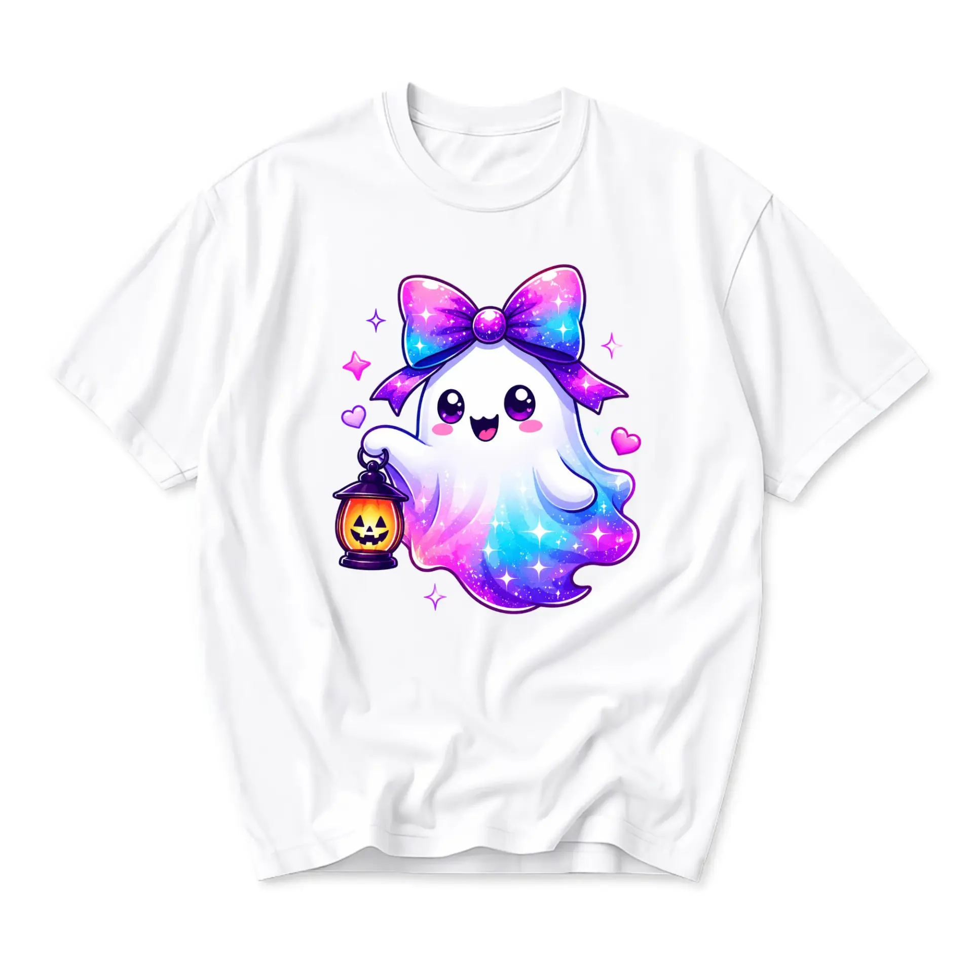 Graphic Tee Cute Cosmic Ghost Holding Pumpkin Lantern Kawaii Style Unisex Casual Short Sleeve Crew Neck T-Shirt White