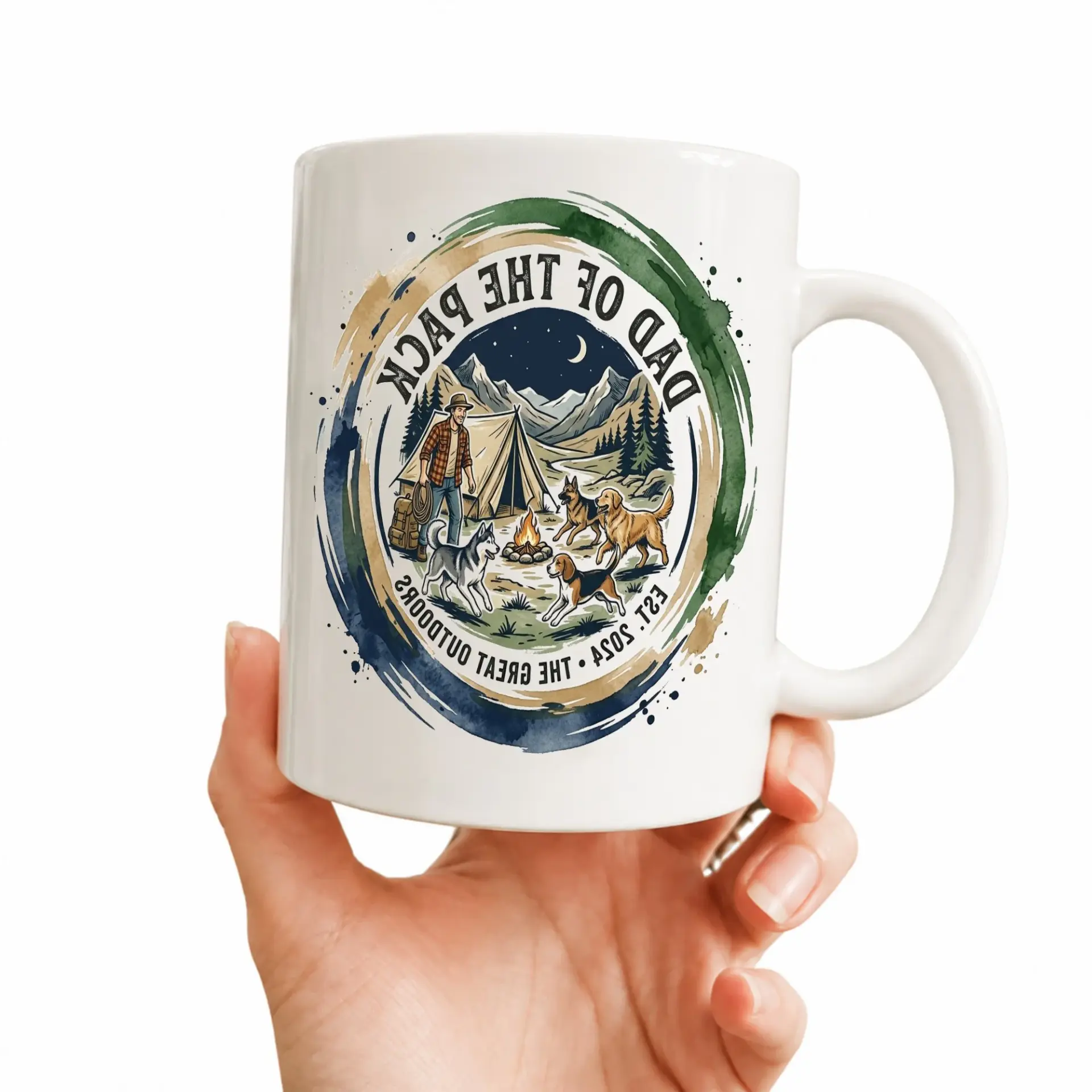 Funny Camping Adventure Coffee Mug Dad of Gift Featuring Artistic Mountain and Pet Dog Nature Illustration