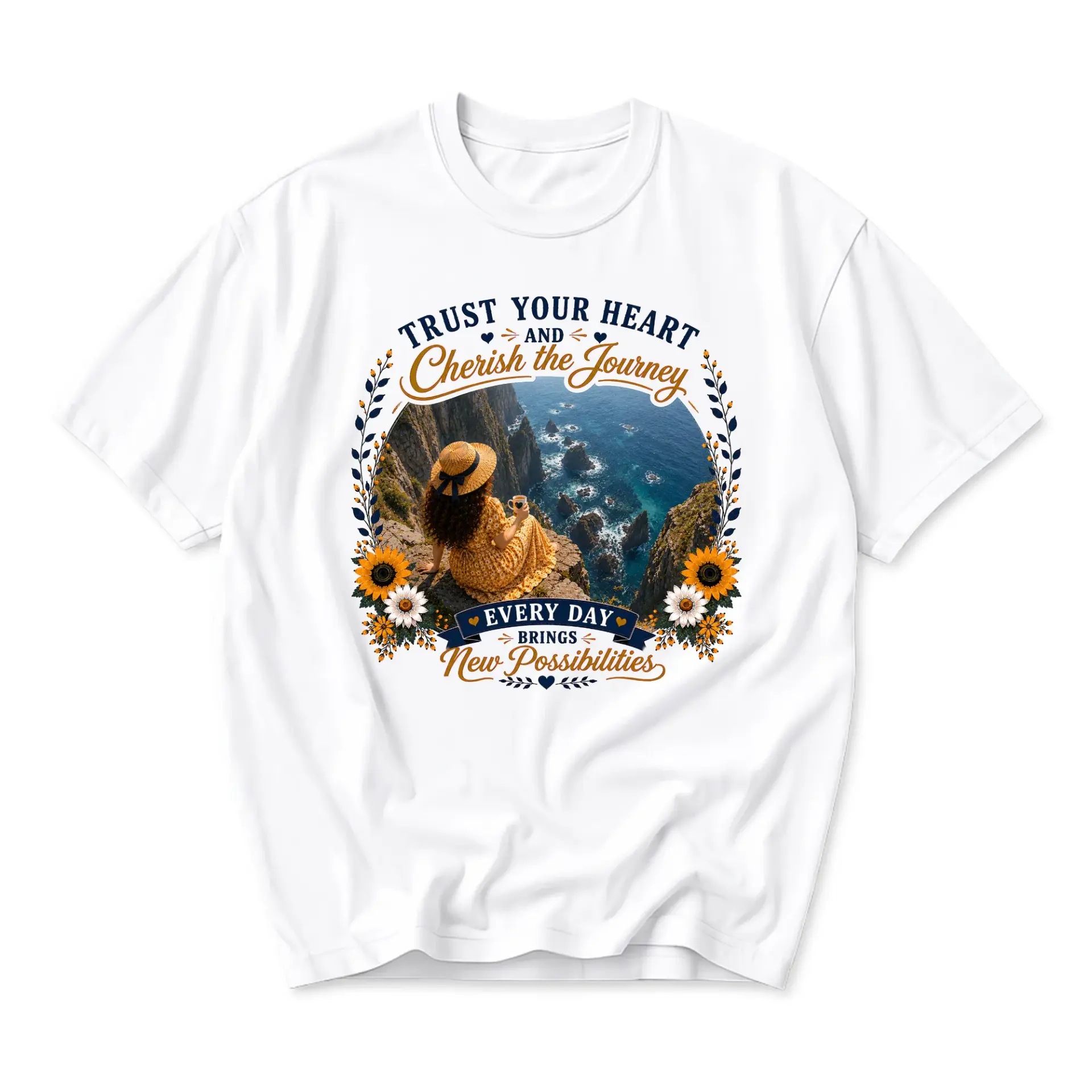 Graphic Tee Trust Your Heart Cherish the Journey Inspirational Quote Nature Scenery Sunflower Unisex Cotton Crew Neck