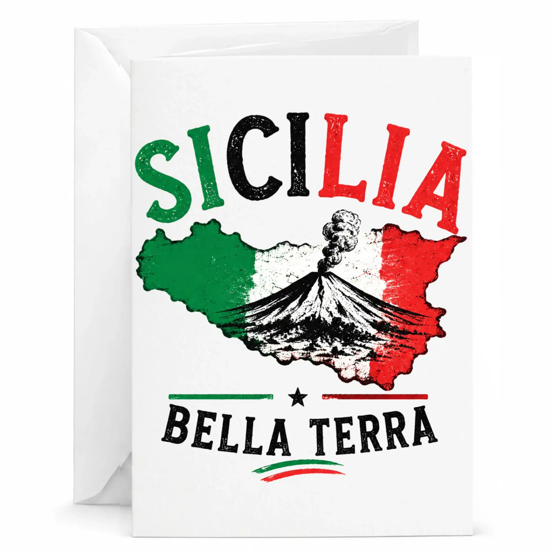 Greeting Card Sicily Island Volcano Bella Terra Italy Inspired Design Premium Folded Note with Matching White Envelope