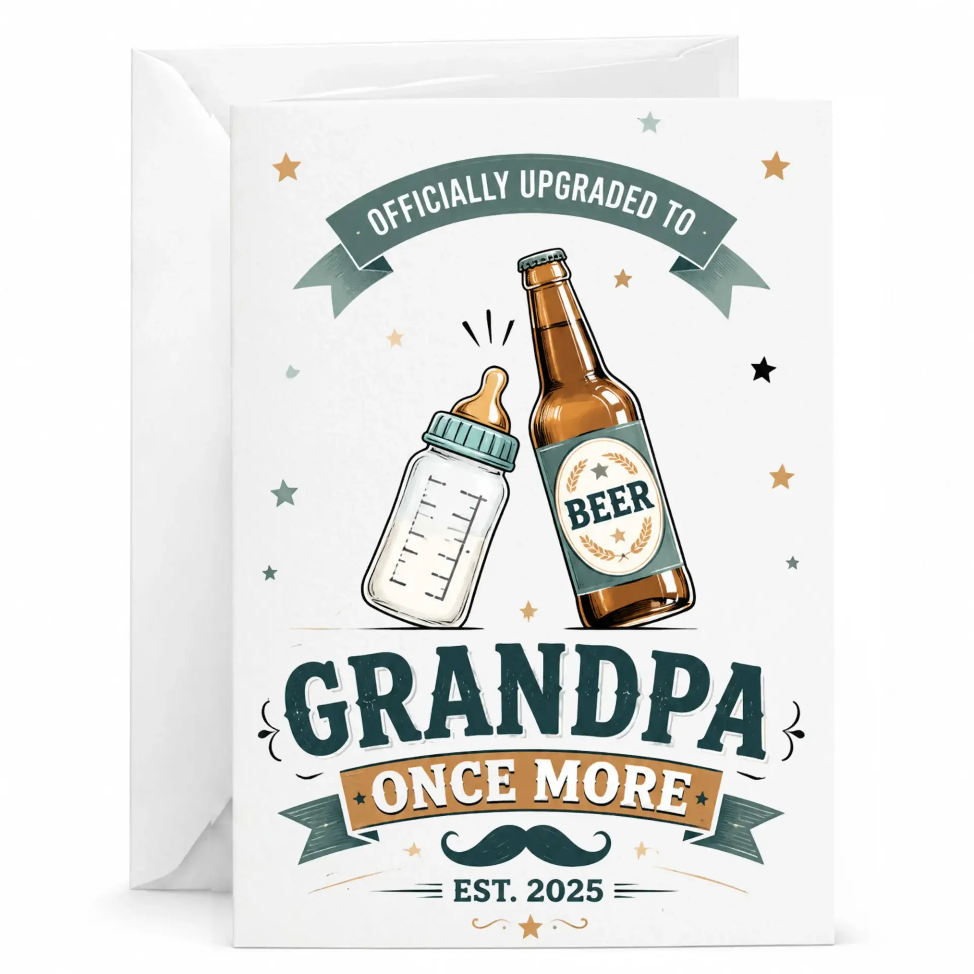 Funny Greeting Card Officially Upgraded to Grandpa Once More Est 2025 Beer and Baby Bottle Design