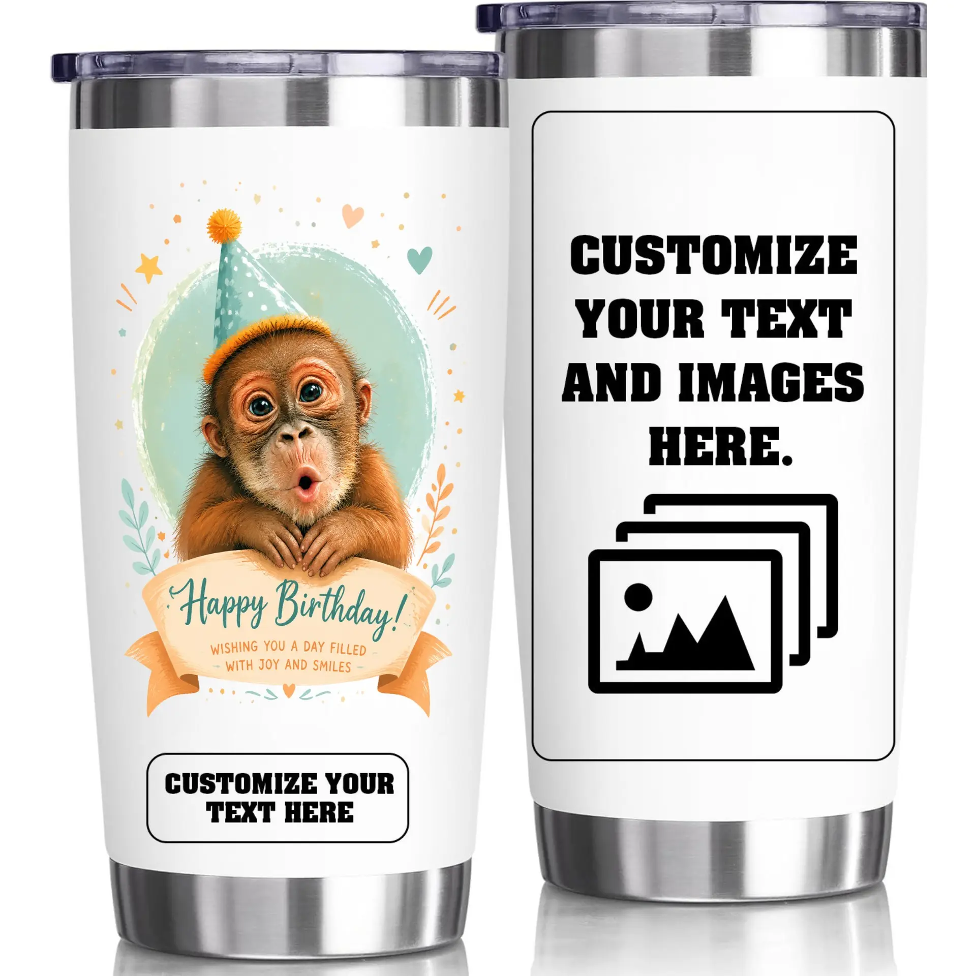 Stainless Steel Tumbler Customizable Birthday Gift 20oz Insulated Cup Featuring Cute Monkey Illustration for Daily Drinks