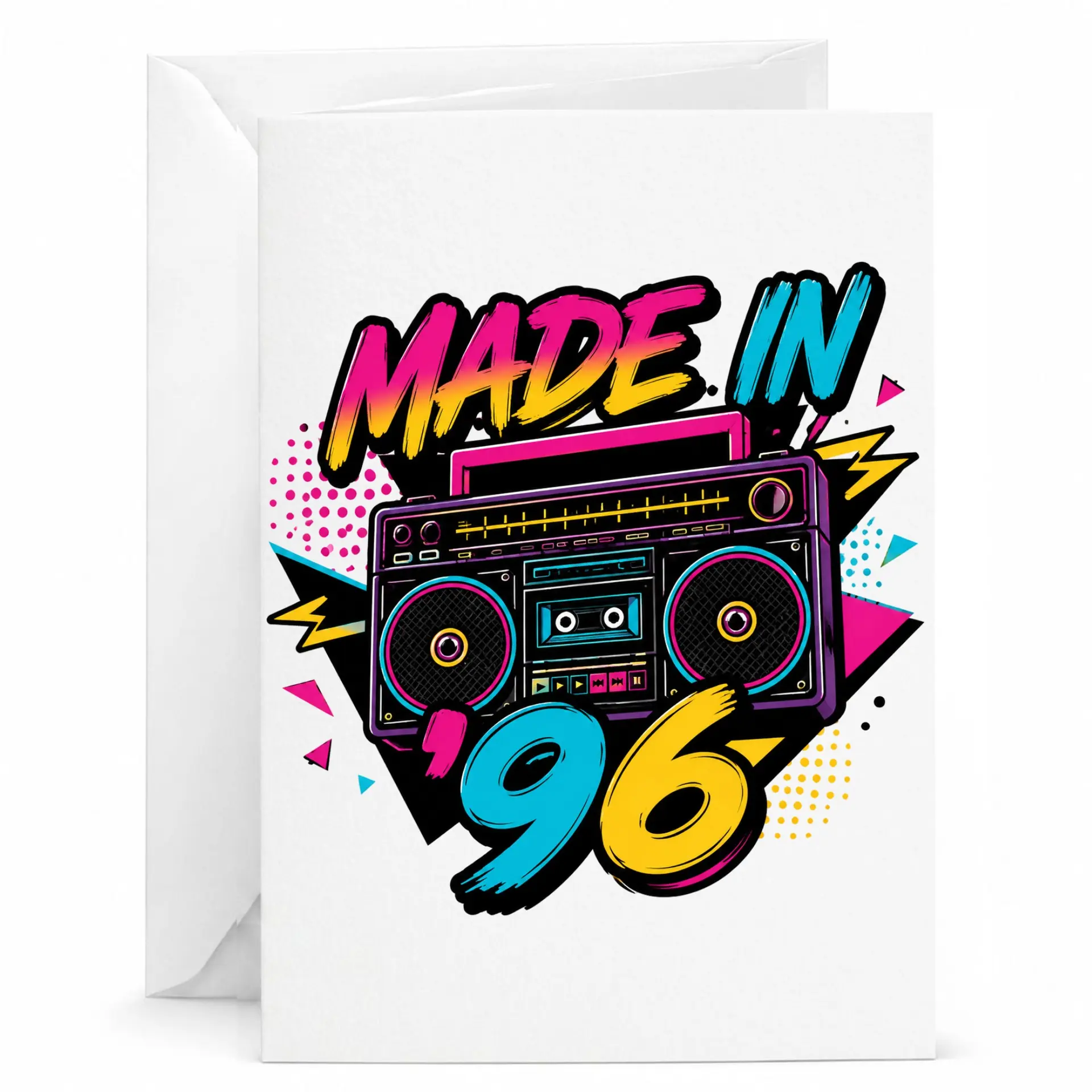 Birthday Greeting Card Made in 96 Retro Boombox Design Vintage 1990s Music Theme Folded Stationery 5x7 Inches