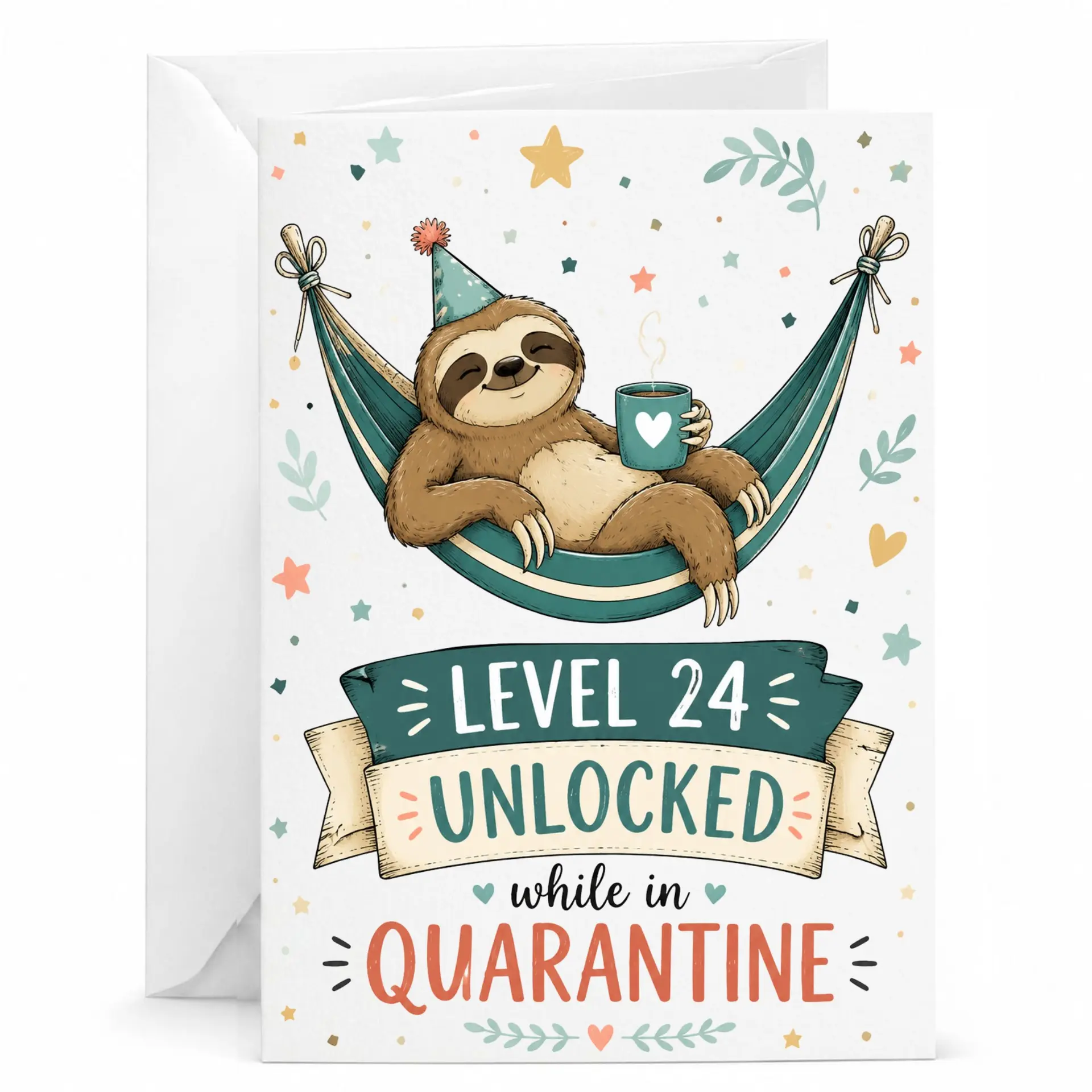 Funny Birthday Card Level 24 Unlocked While in Quarantine Featuring Cute Sloth Illustration and Matching White Envelope