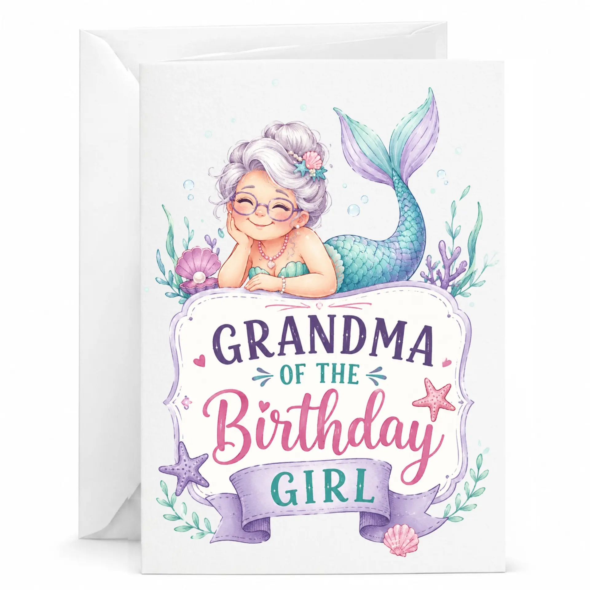 Greeting Card for Grandma Mermaid Design Fun Birthday Illustration Grandmother Professional Printed Stationery