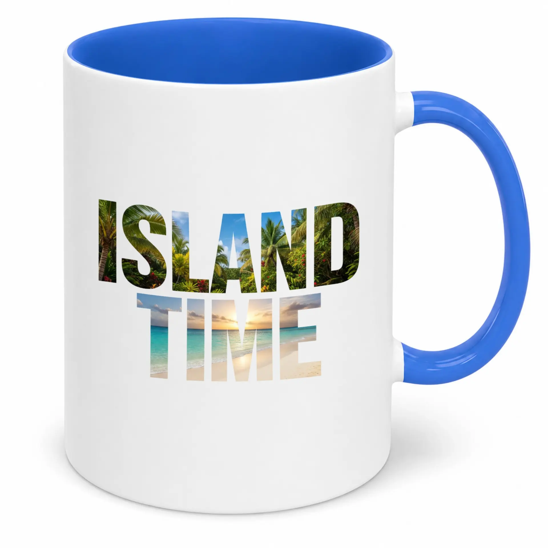 Ceramic Coffee Mug "island Time" Tropical Design 11oz or 15oz White Cup with Blue Handle & Interior Tree Beach Vacation Drinkware