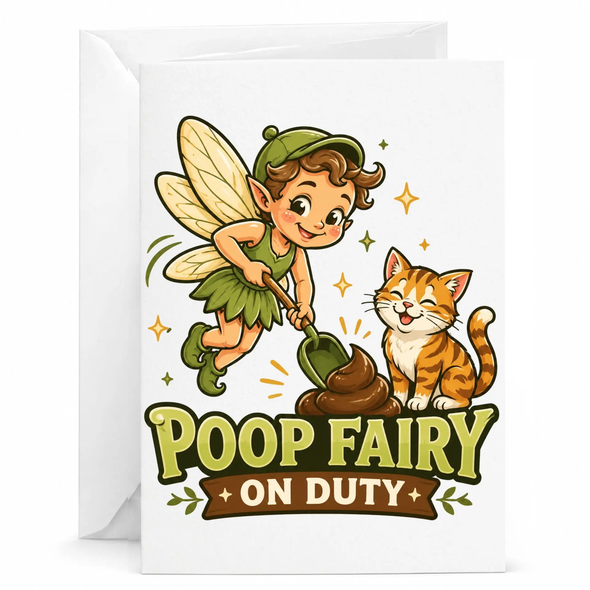 Funny Poop Fairy Greeting Card for Cat Lovers Whimsical Illustration with Orange Tabby Kitten 5x7 Folded Note