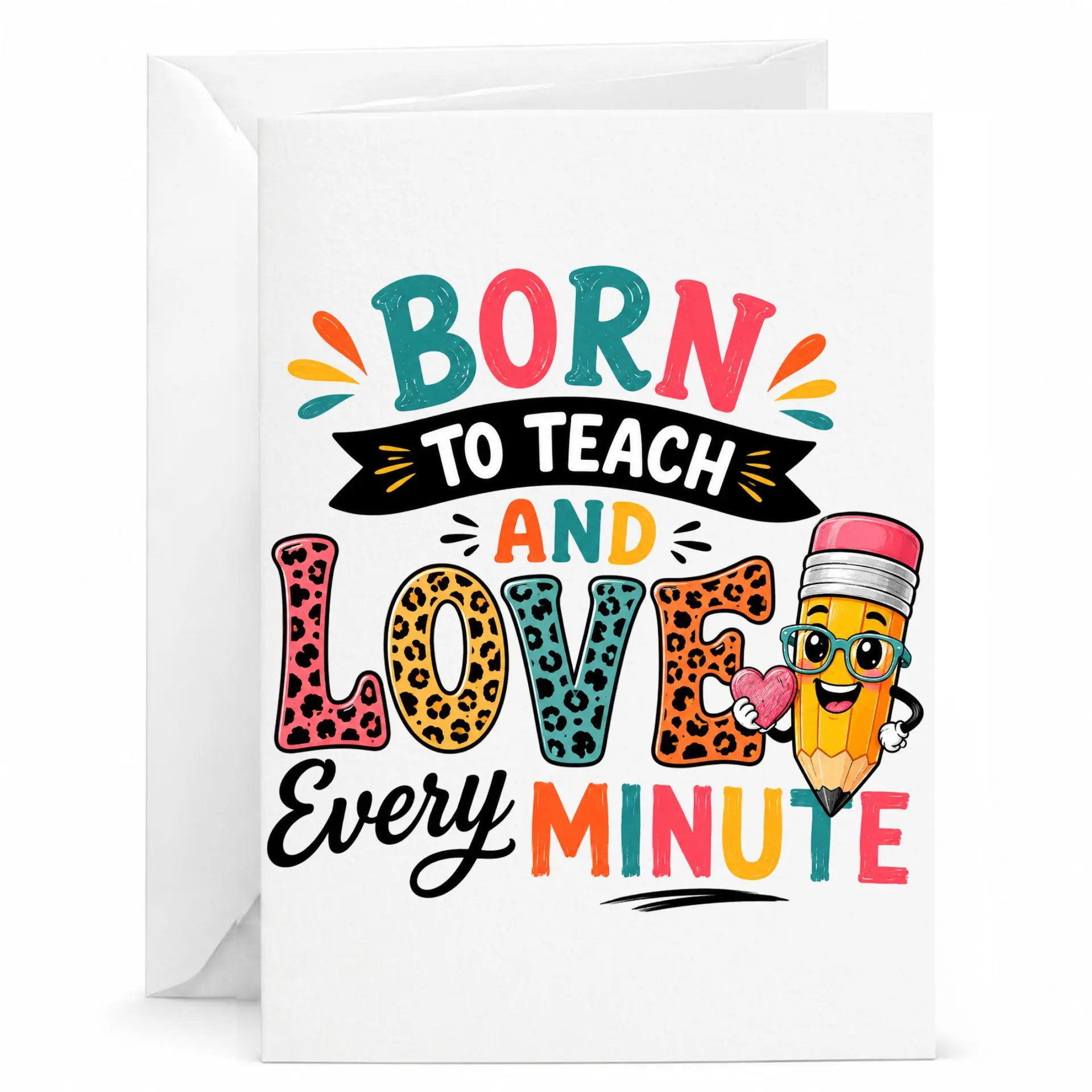 Funny Born to Teach and Love Every Minute Greeting Card with Envelope Whimsical Pencil Illustration Design