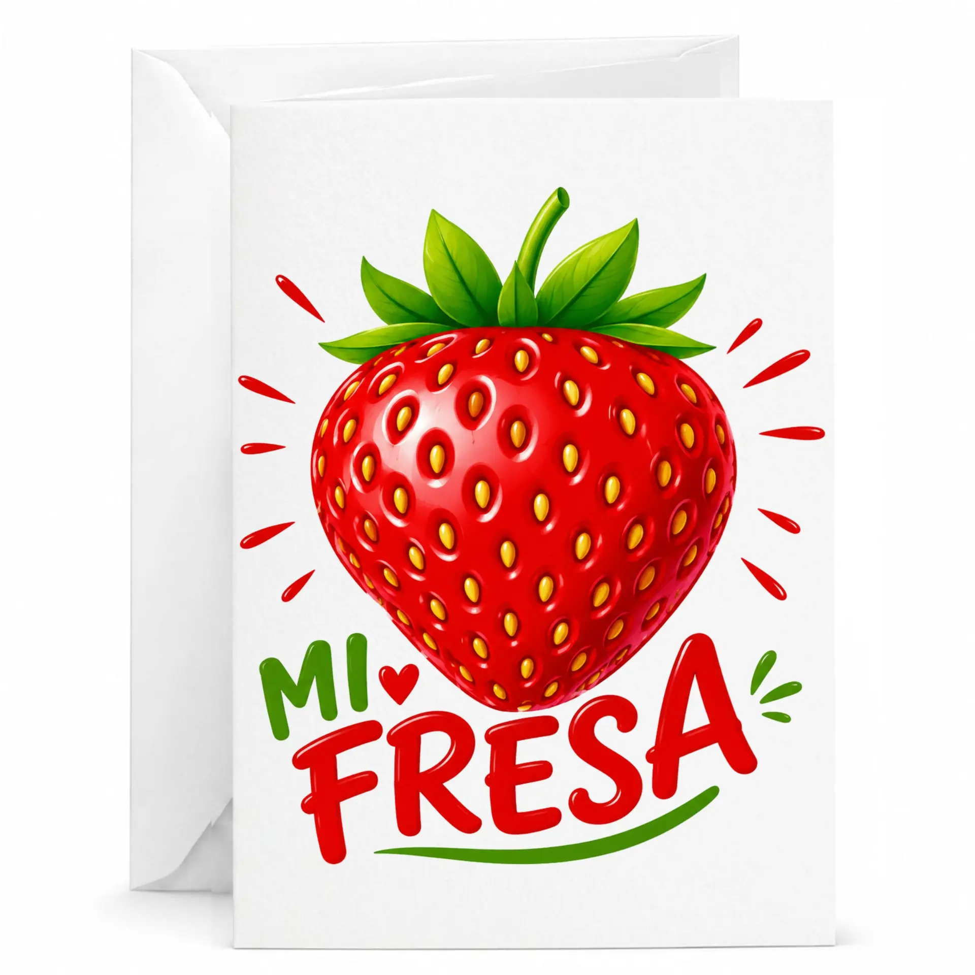 Funny Strawberry Greeting Card Mi Fresa Illustration Cute Fruit Design Blank Note Card with Matching Envelope