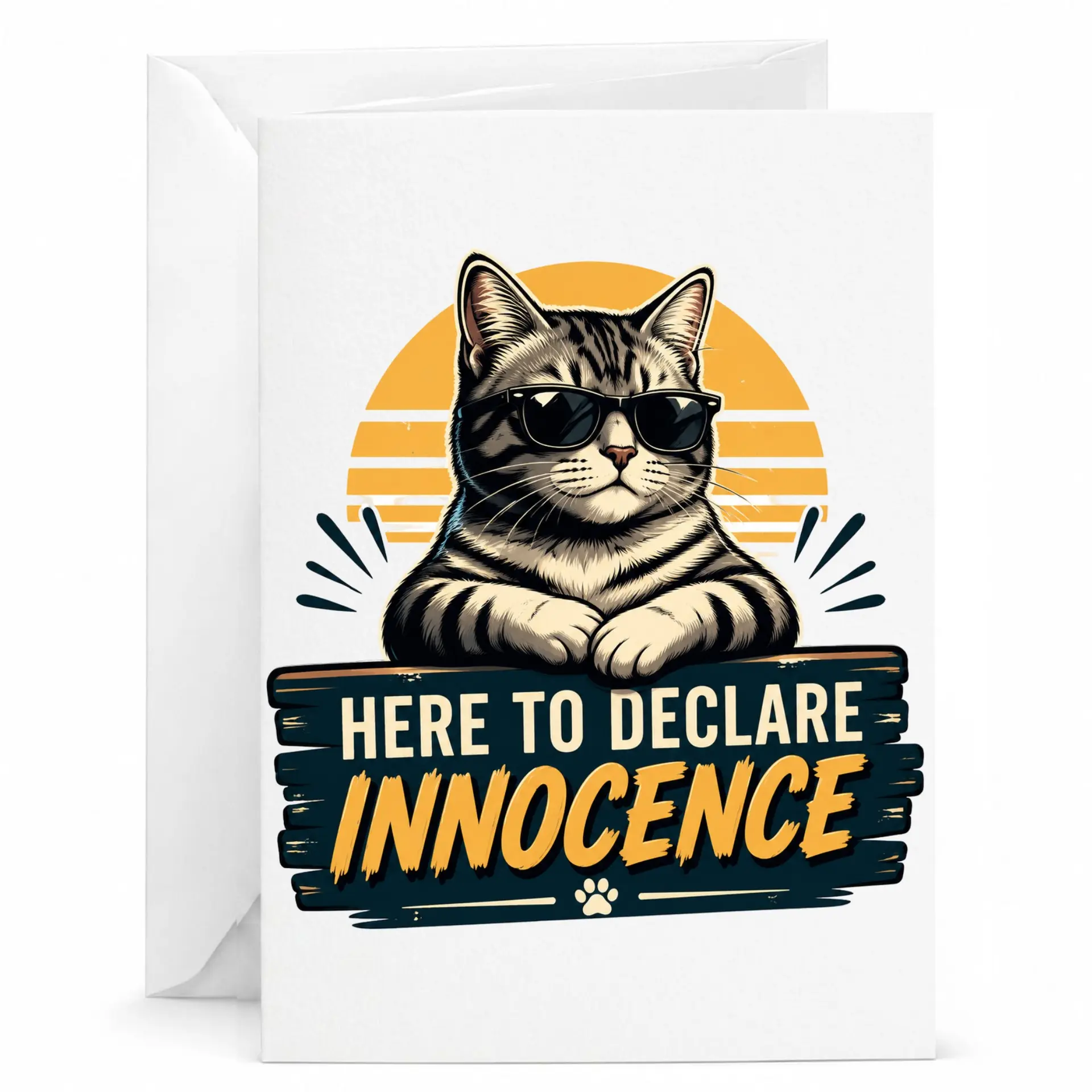 Funny Cat Greeting Card Here to Declare Innocence Design Cute Tabby Wearing Sunglasses Blank Note 5x7 Inch