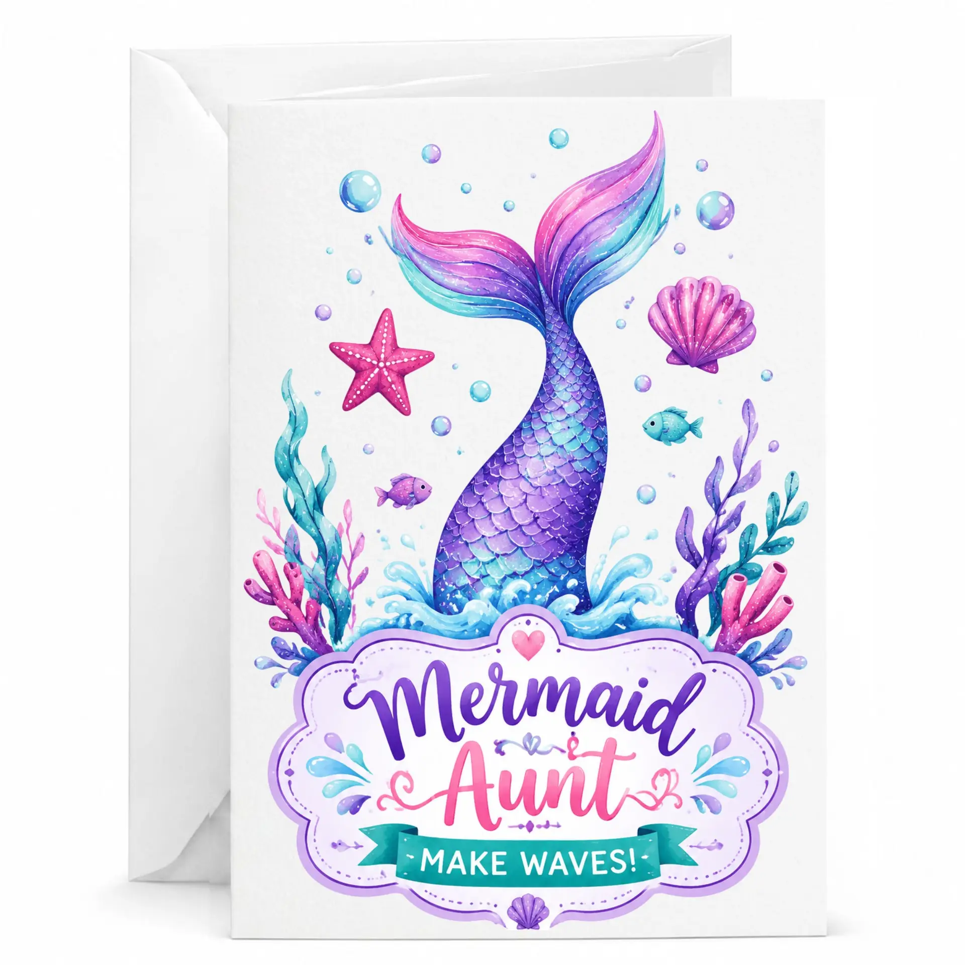 Greeting Card Mermaid Aunt Make Waves Featuring Watercolor Ocean Theme Design for Special Family Occasion