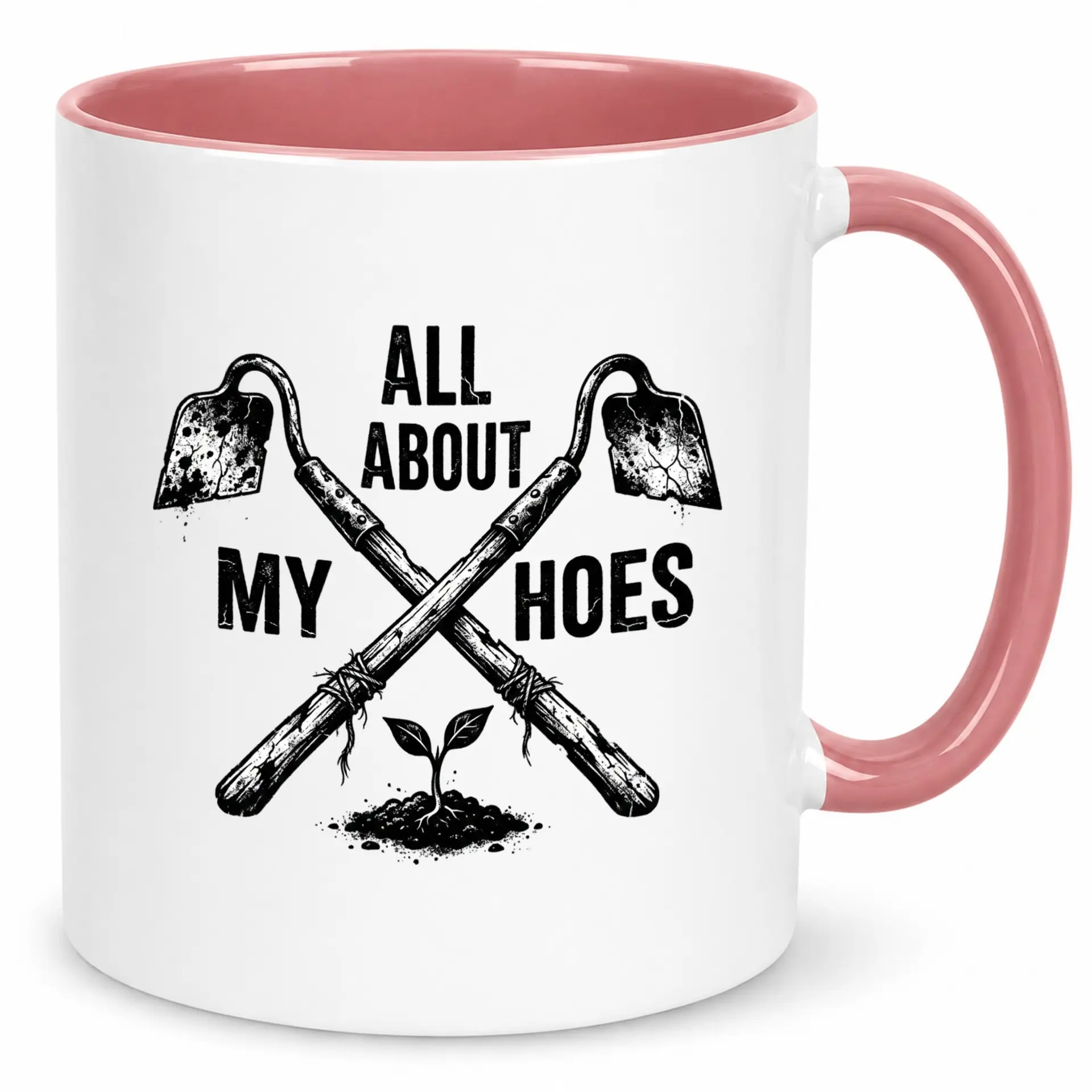 Funny Gardening Coffee Mug Gardeners Humorous All About My Hoes Design White and Pink Handle Tea Cup Unique Gift Plant Lovers