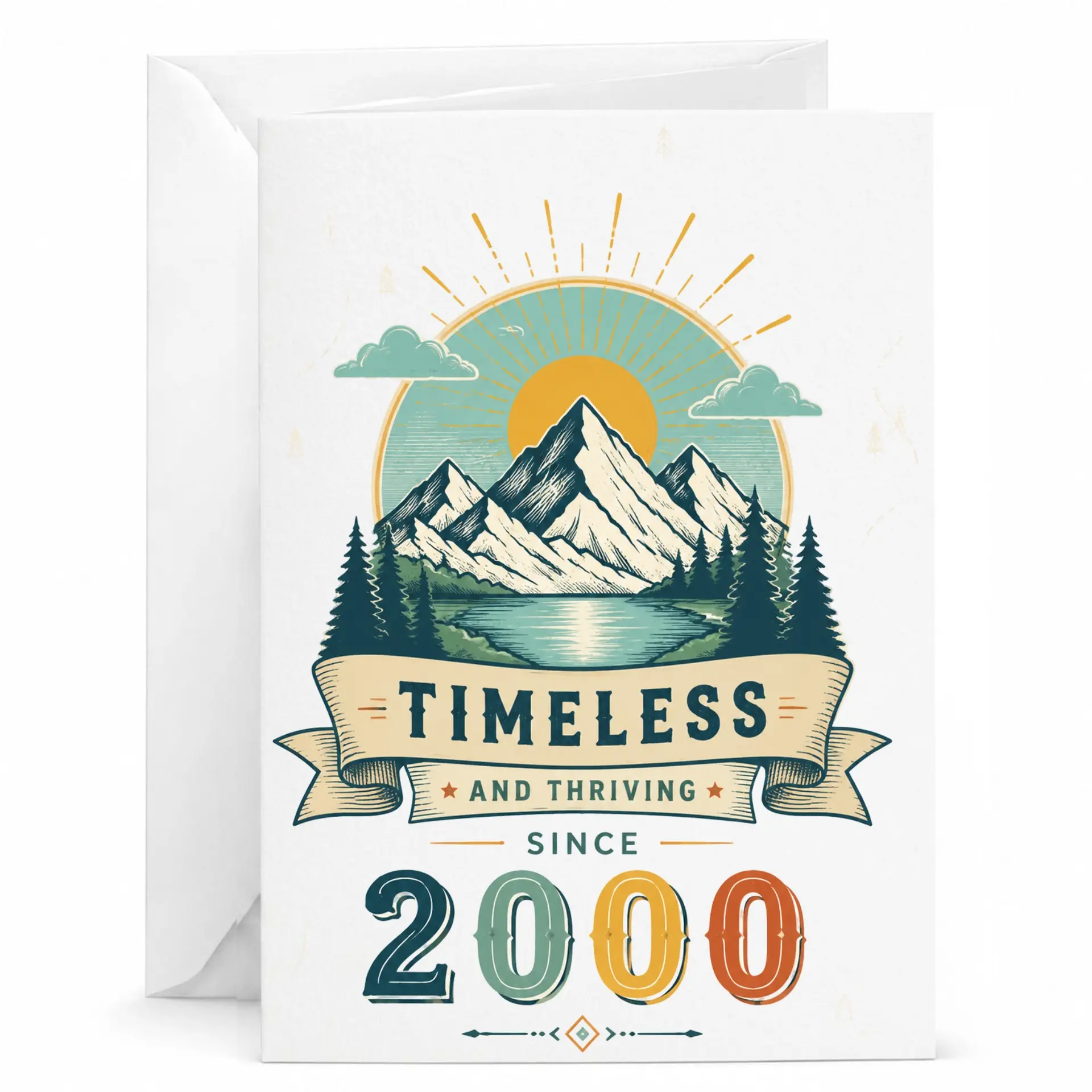 Greeting Card Timeless and Thriving Since 2000 Vintage Mountain Illustration for Birthday or Anniversary Celebration