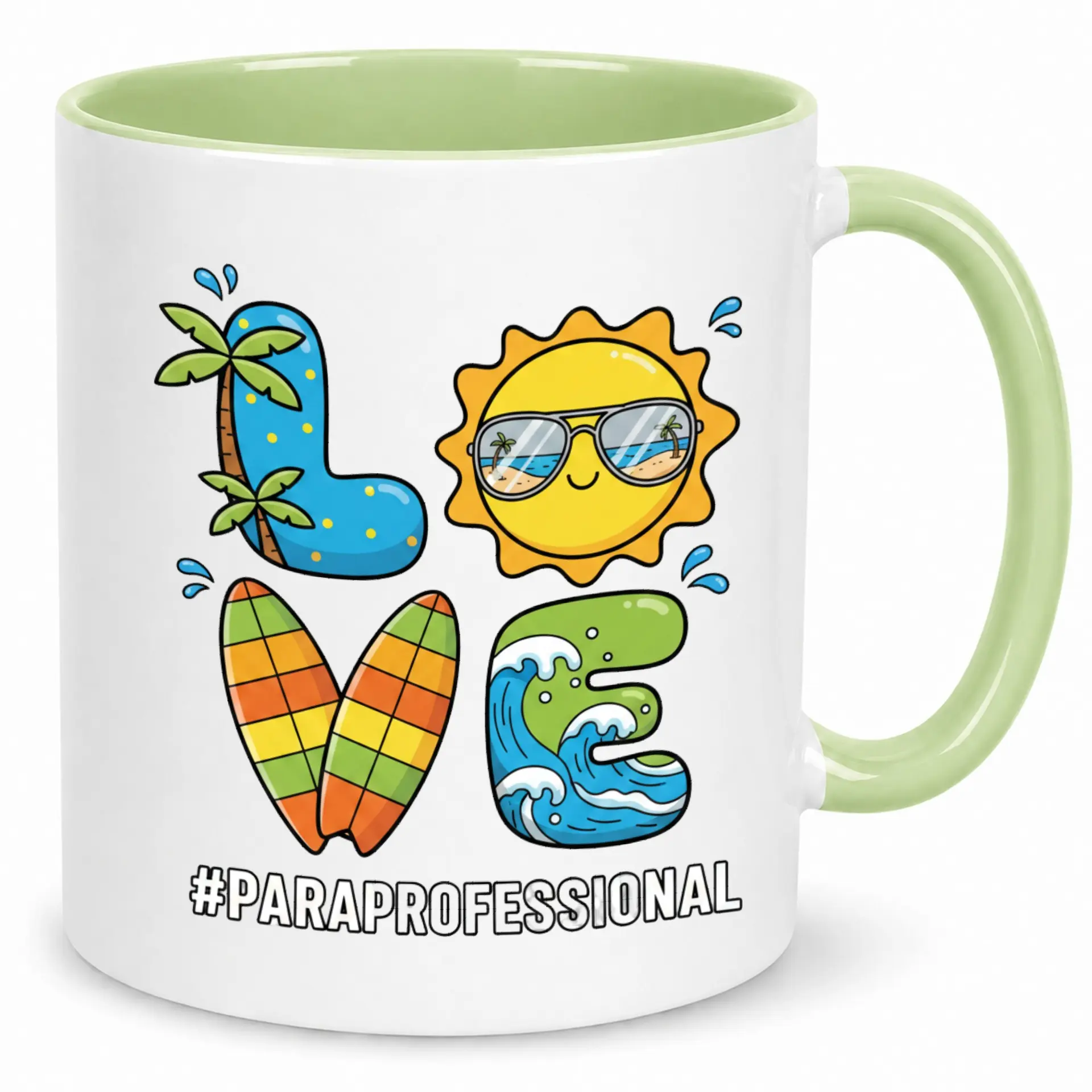 Funny Paraprofessional Coffee Mug, Summer Beach Theme Ceramic Cup with Tropical Sun and Surfboard Design, 11oz or 15oz