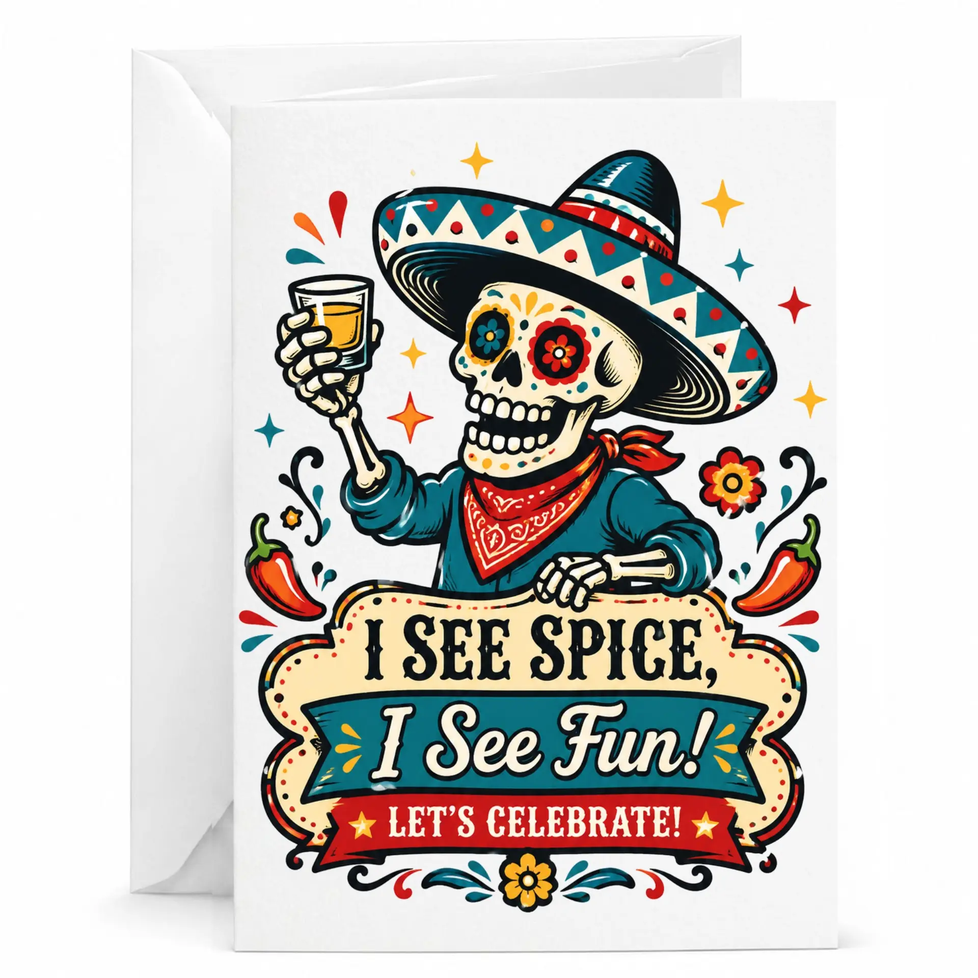 Funny Skeleton Greeting Card with Sombrero and Tequila Illustration for Festive Celebrations