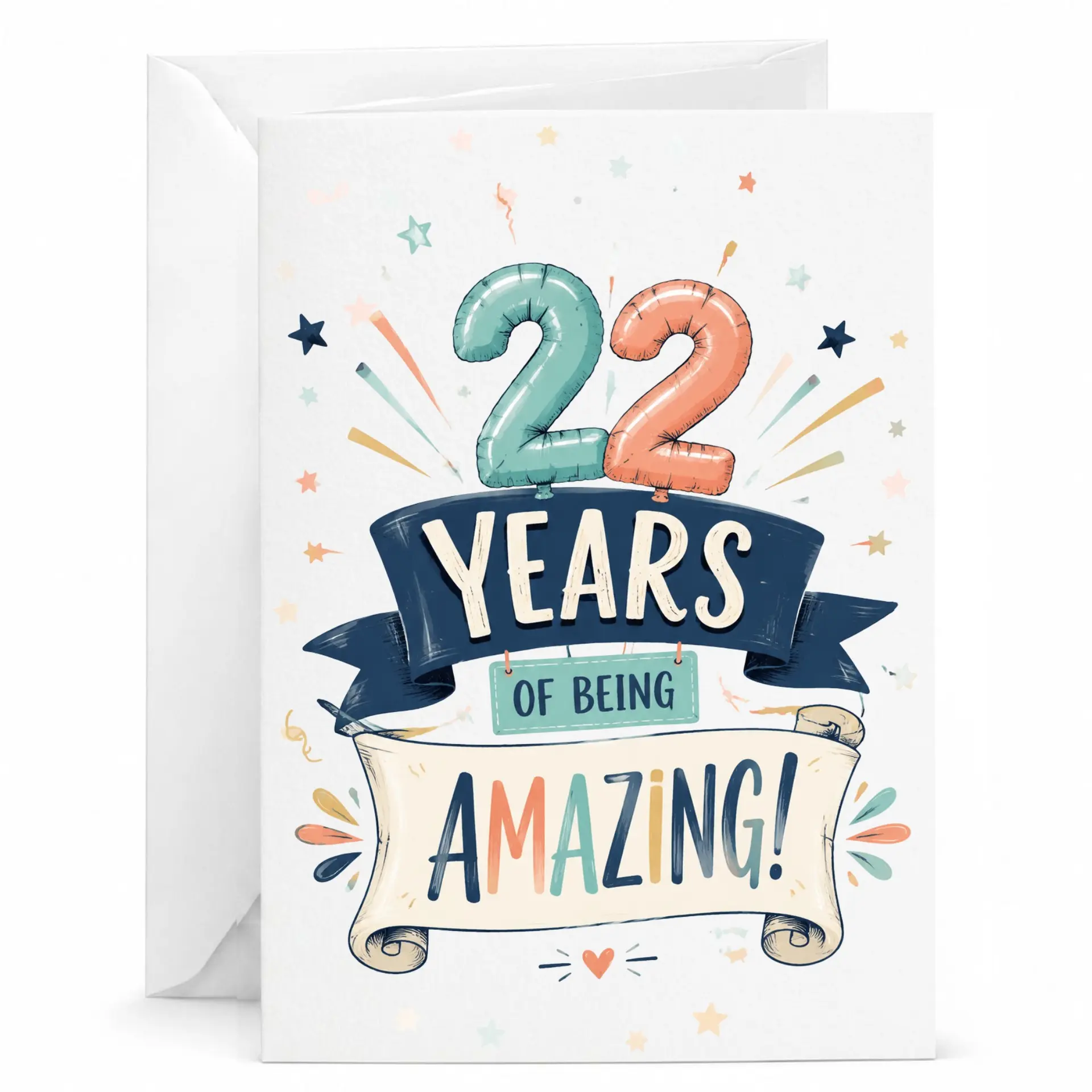 Birthday Card 22 Years of Being Amazing Fun Balloon Themed Celebration Greeting Card with Matching White Envelope