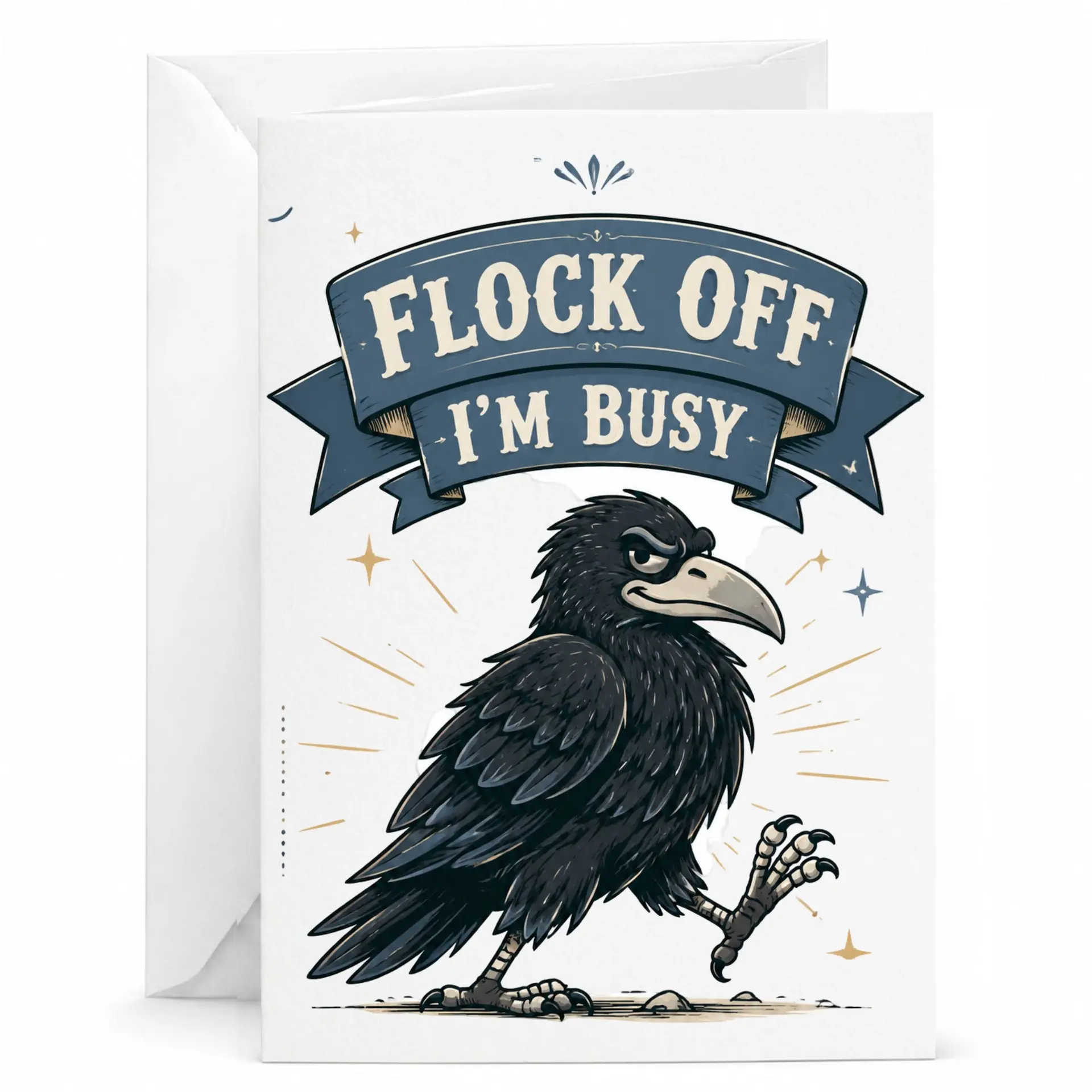 Funny Greeting Card Flock Off I Am Busy Humorous Crow Illustration for Friends Co-Workers and Loved Ones