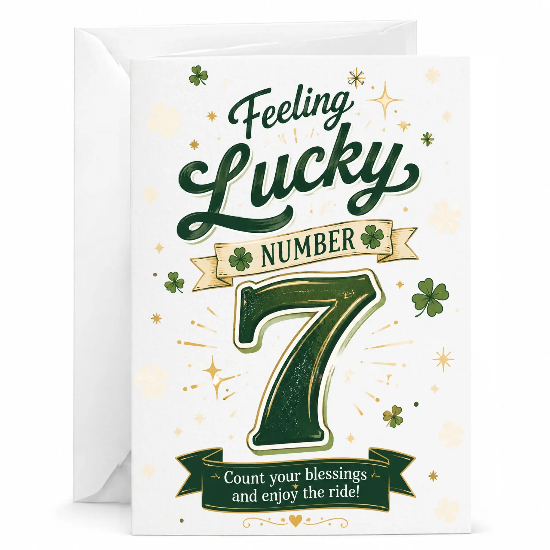 Greeting Card Featuring Feeling Lucky Number 7 Design with Clover Artwork for Birthdays and Special Celebrations
