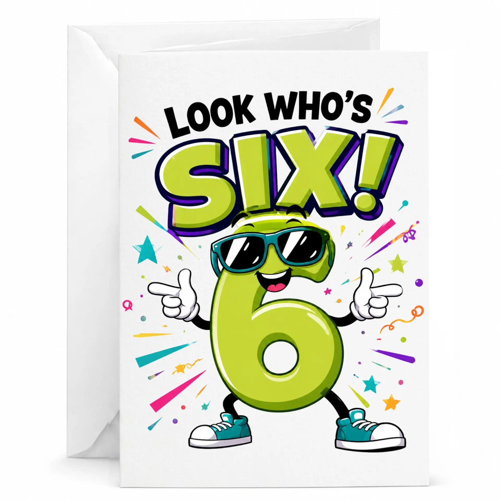 Birthday Card Look Who Is Six Funny Green Number Character Design Greeting Card for Milestone Celebrations