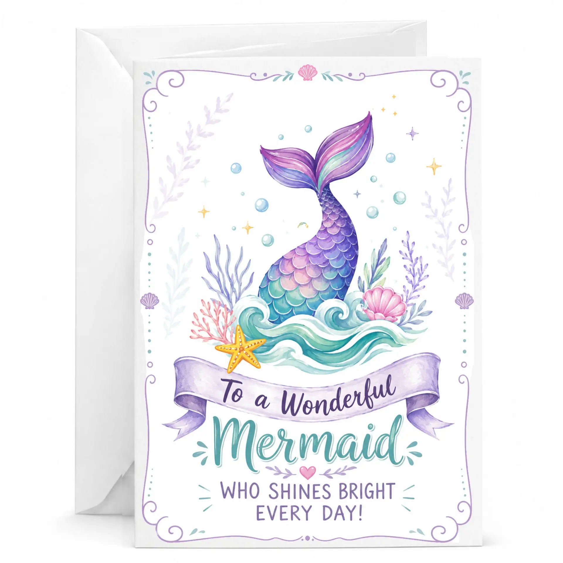 Greeting Card to a Wonderful Mermaid Theme with Whimsical Watercolor Ocean Artwork for Special Occasions and Celebrations
