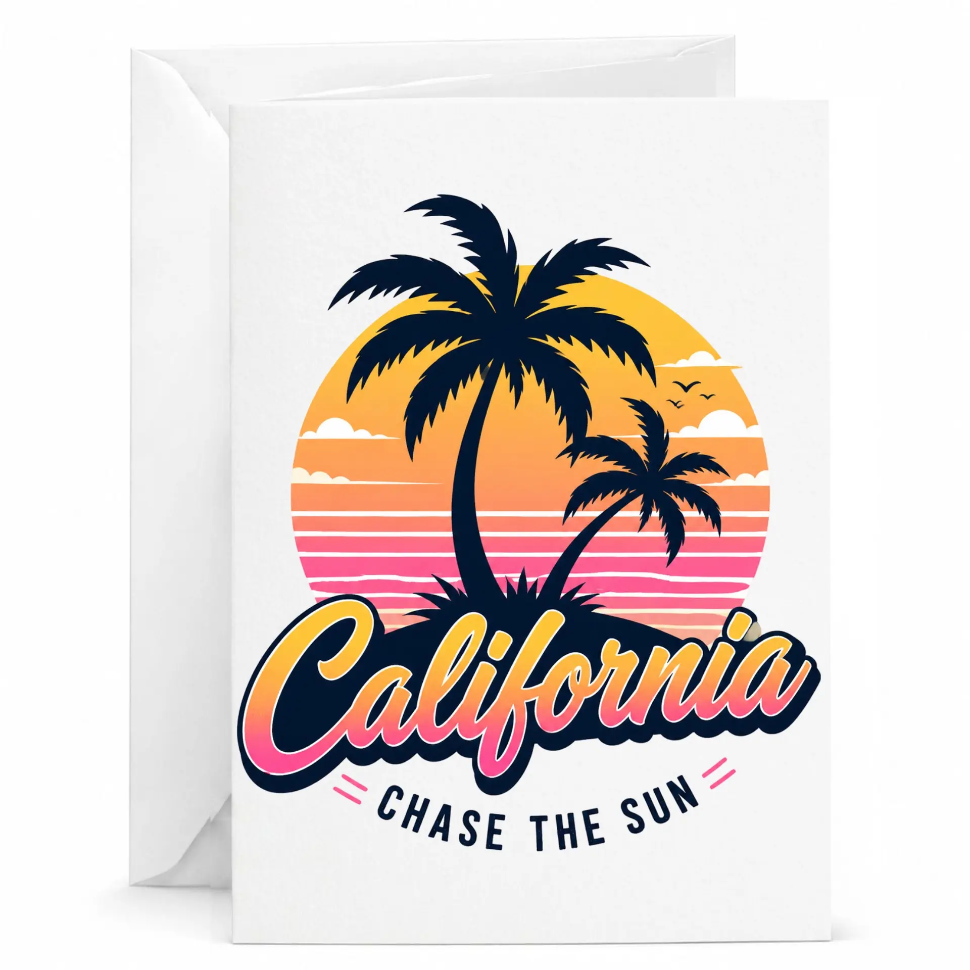 California Chase the Sun Greeting Card Tropical Palm Tree Sunset Beach Themed Note Card for All Occasions