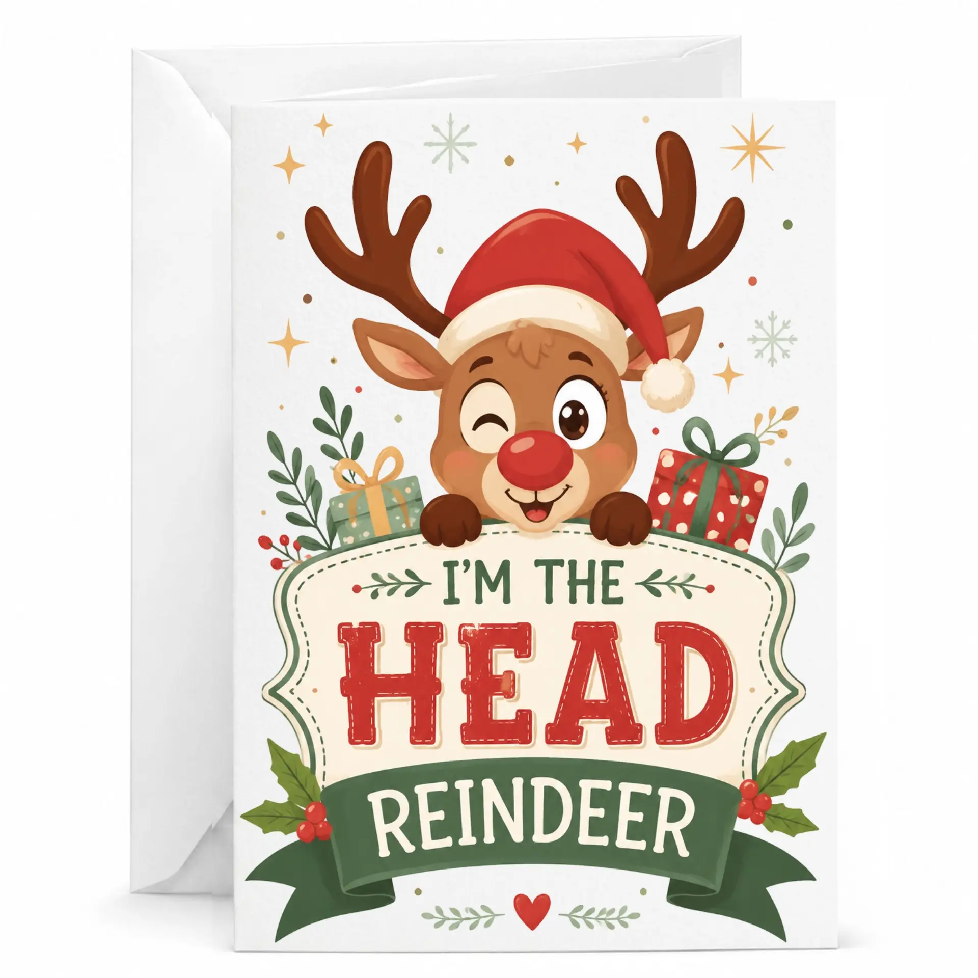 Funny Reindeer Greeting Card I'm the Head Reindeer Holiday Stationery for Friends Family and Loved Ones
