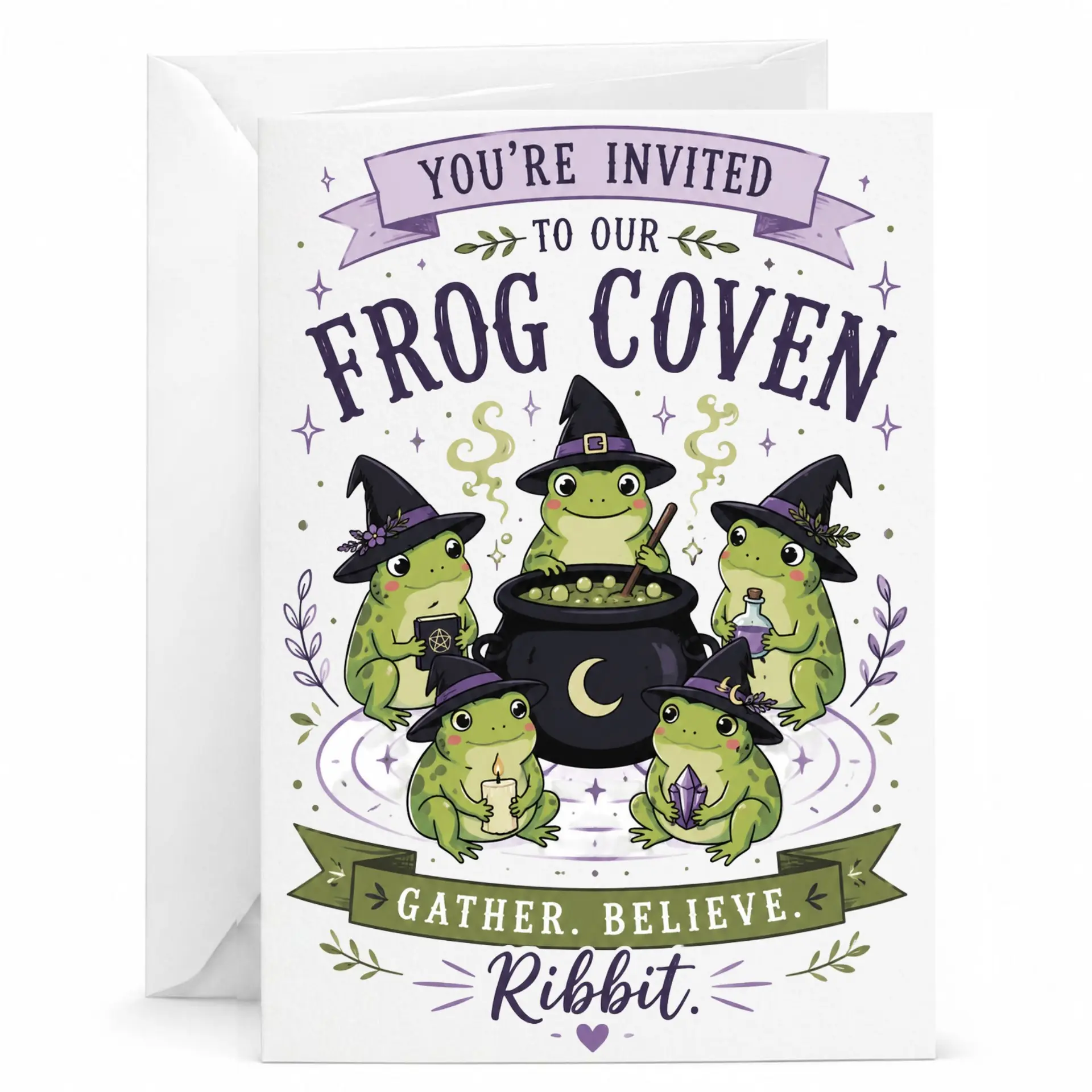 Funny Coven Greeting Card Whimsical Witchy Frogs with Cauldron Illustration for Birthday and