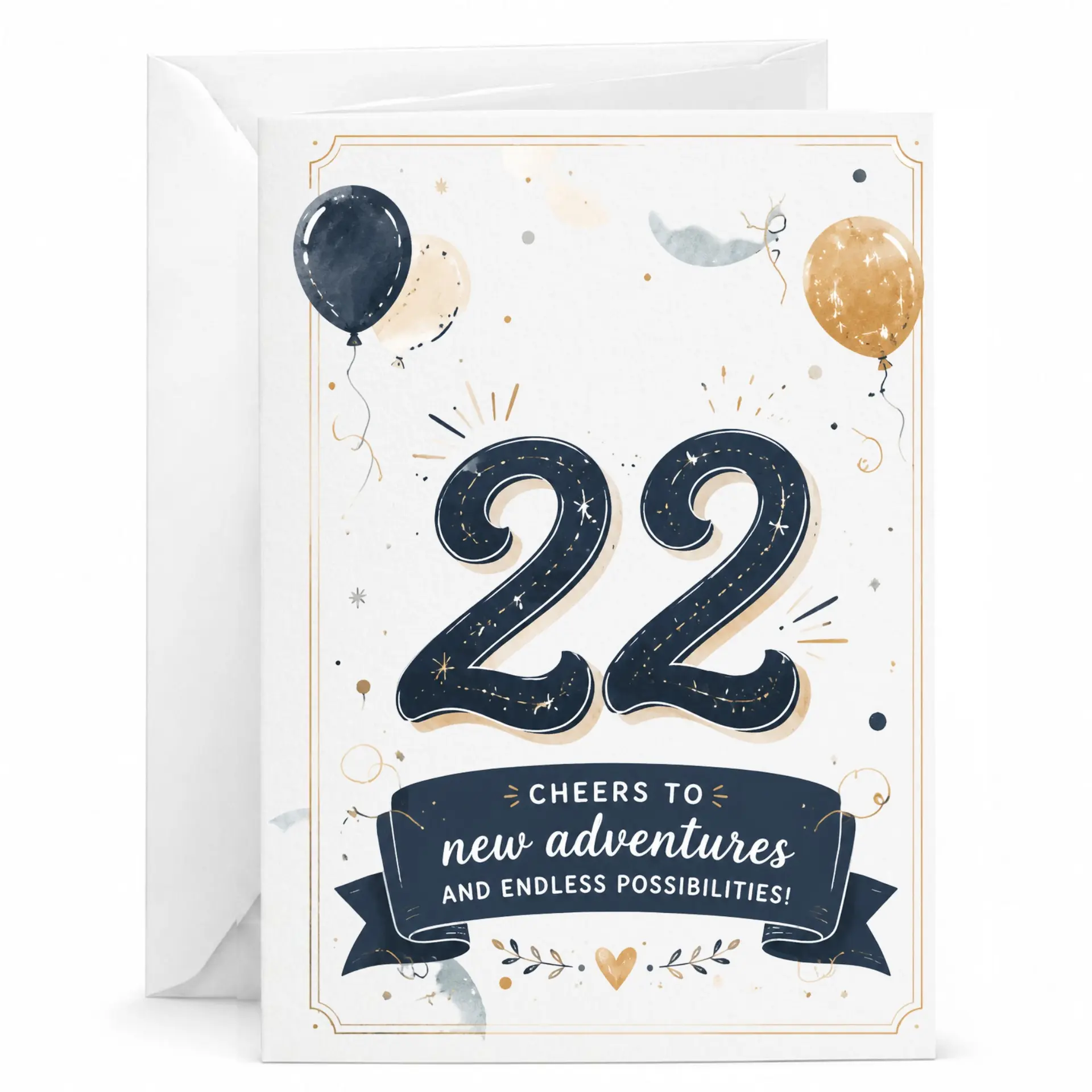 Birthday Card 22nd Celebration Cheers to New Adventures Elegant Gold and Navy Greeting Card with Matching Envelope