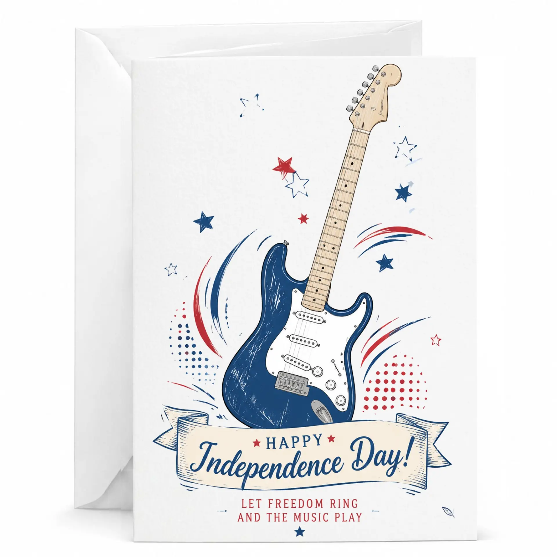 Greeting Card Happy Independence Day Electric Guitar Musical Design Patriotic Illustration Five by Seven Inches Folded