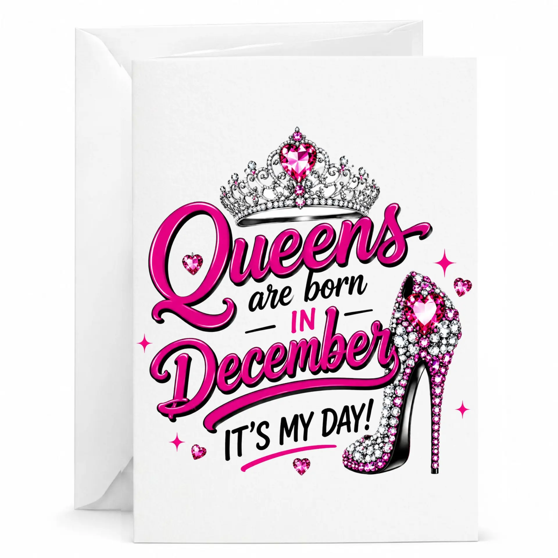 Birthday Card for Women Queens Are Born in December Featuring Sparkling Tiara and High Heel Shoe Decorative Artwork