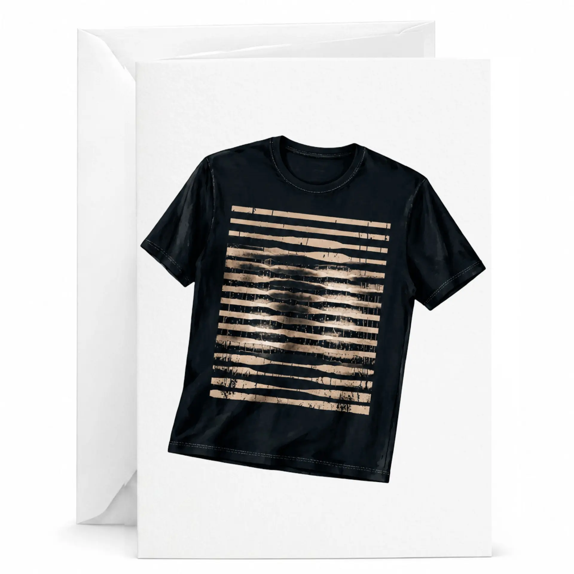 Greeting Card Featuring Minimalist Distressed Horizontal Striped Graphic Design on a Black T-Shirt Illustration