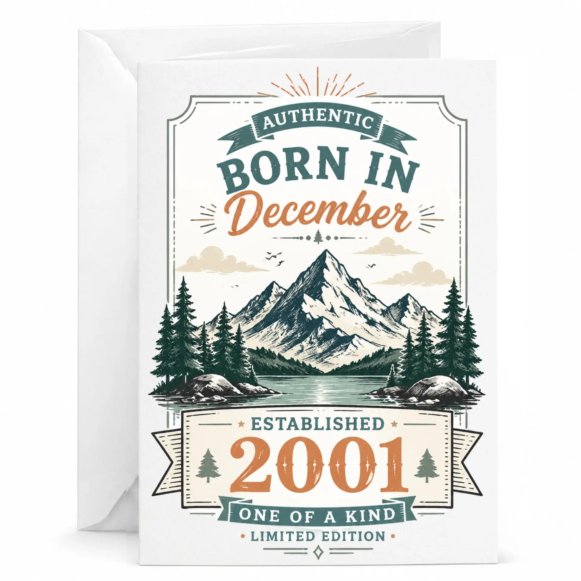Birthday Card Born in December 2001 Vintage Style Mountain Landscape Graphic Printed Greeting Card with White Envelope