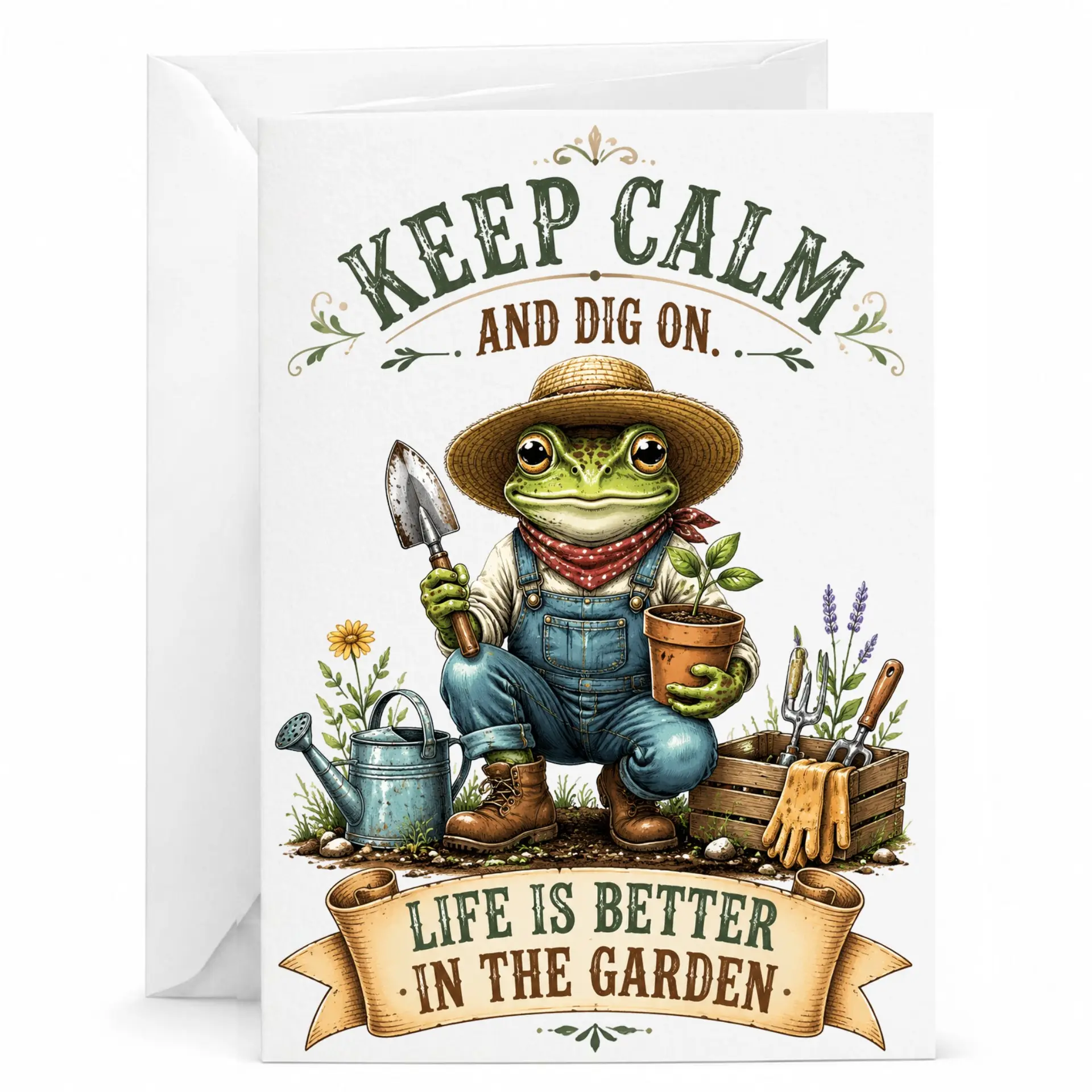 Funny Greeting Card Keep Calm and on Gardener Design Cute Nature Theme Inspirational Illustration Note