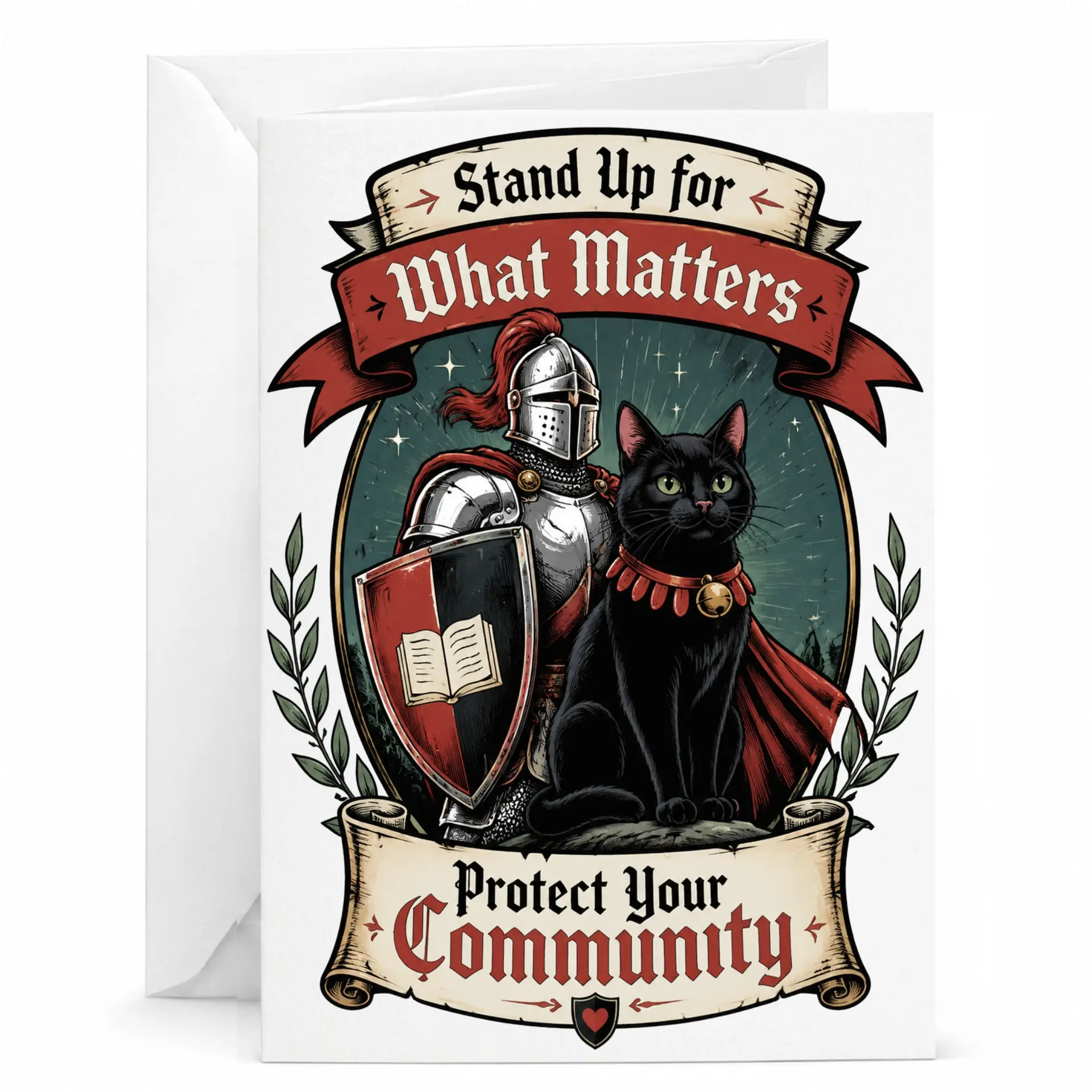 Greeting Card for What Matters Knight and Black Cat Artistic Illustration Any Occasion