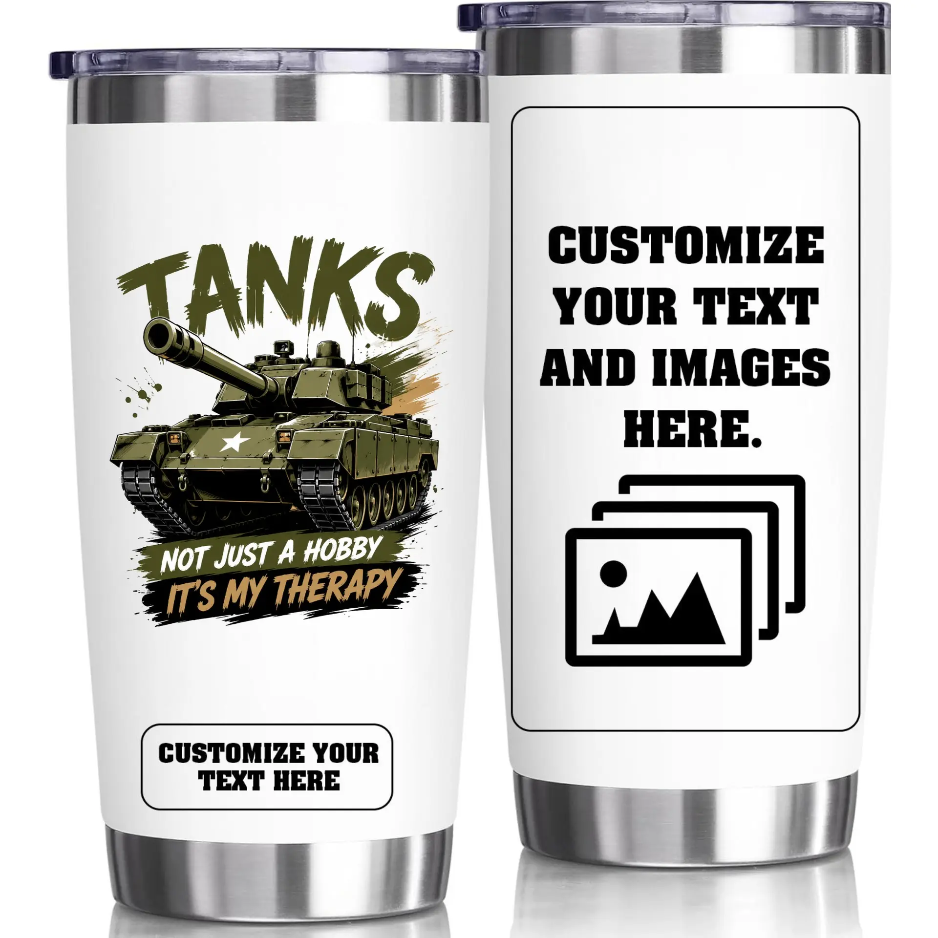Stainless Steel Tumbler 20oz Tank Enthusiast Gift Military Hobby Vacuum Insulated Travel Cup with Custom Text Option