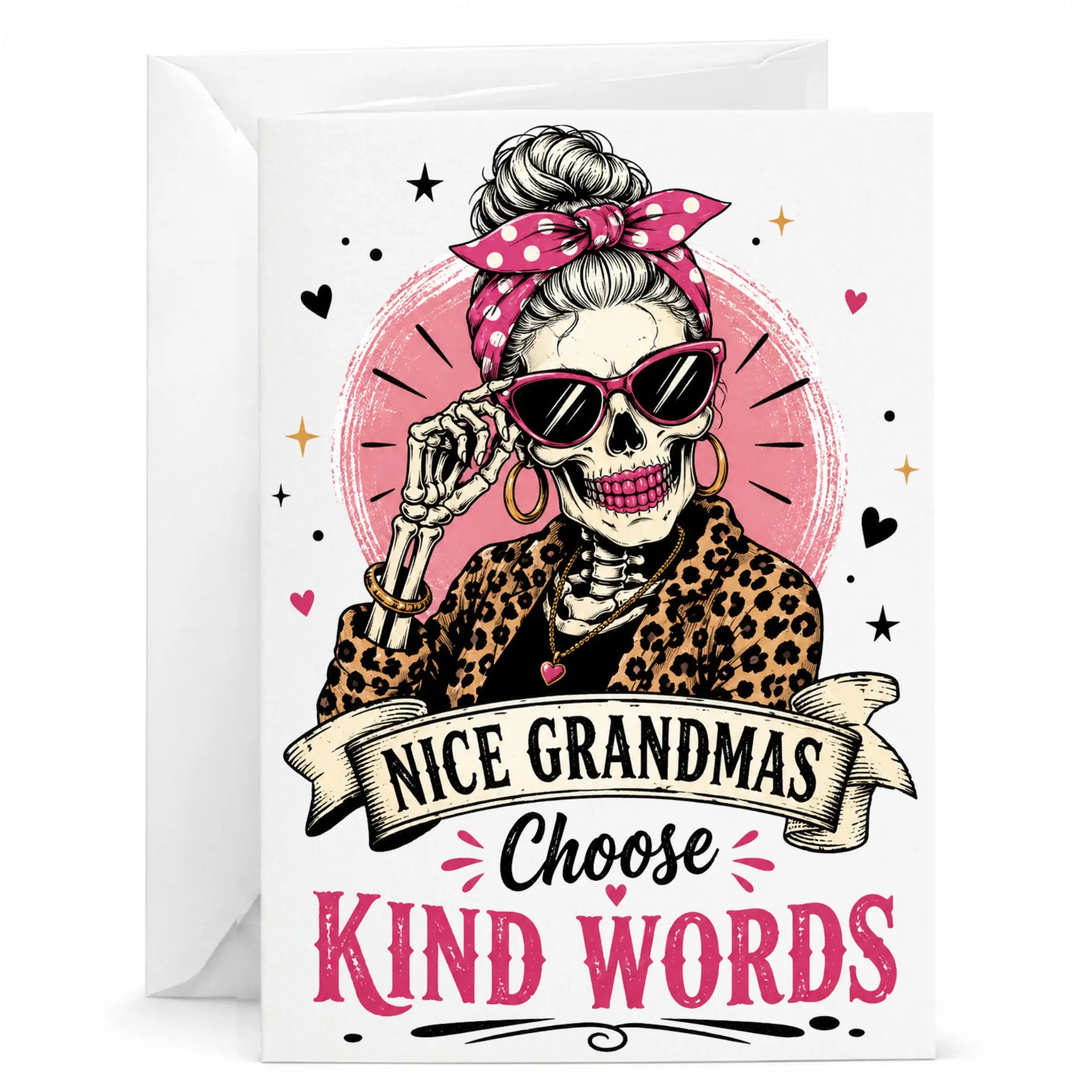 Funny Greeting Card Nice Grandmas Choose Kind Words Illustration Featuring Stylish Skeleton Character for Any Occasion