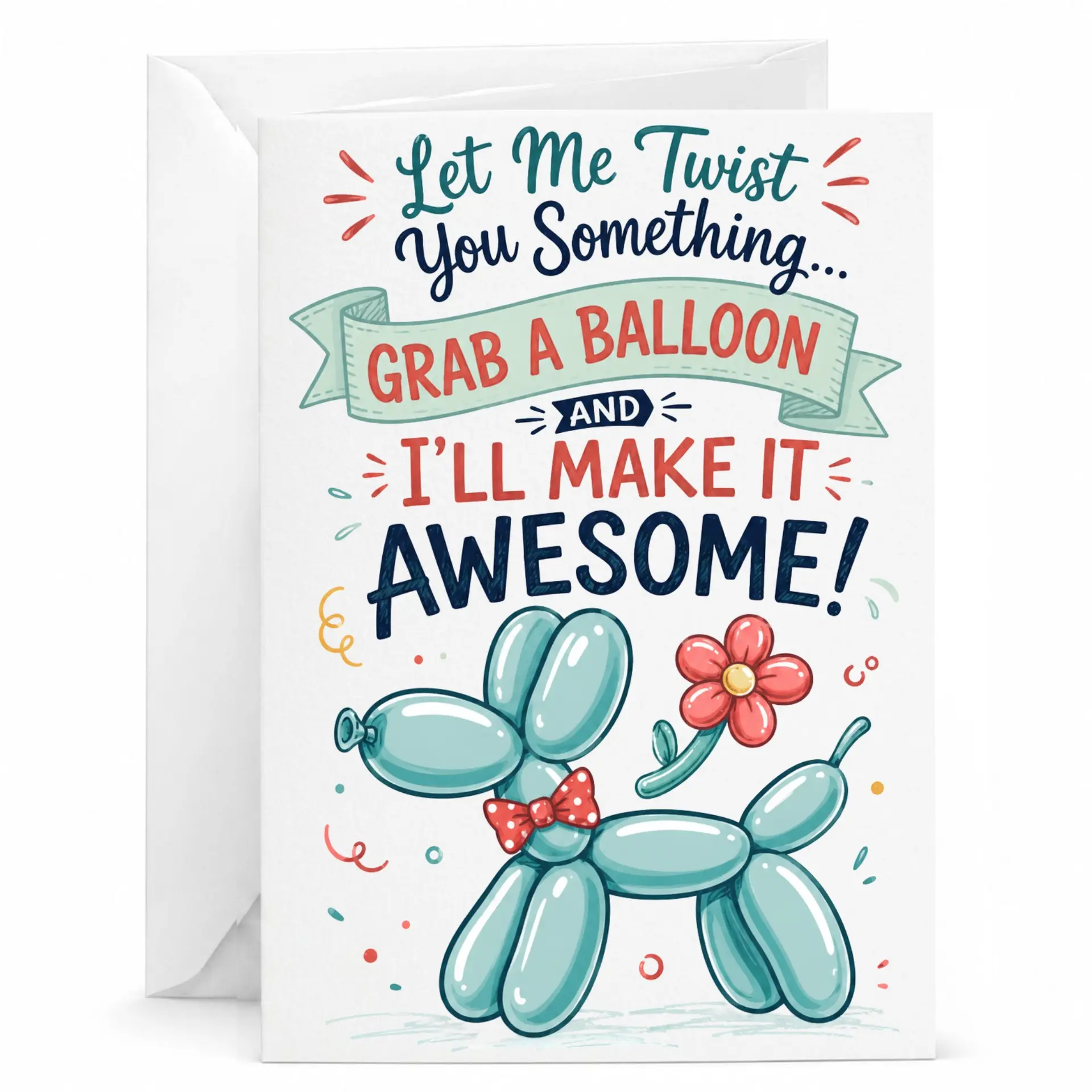 Funny Balloon Animal Greeting Card Whimsical Birthday Note with Cute Dog Illustration and