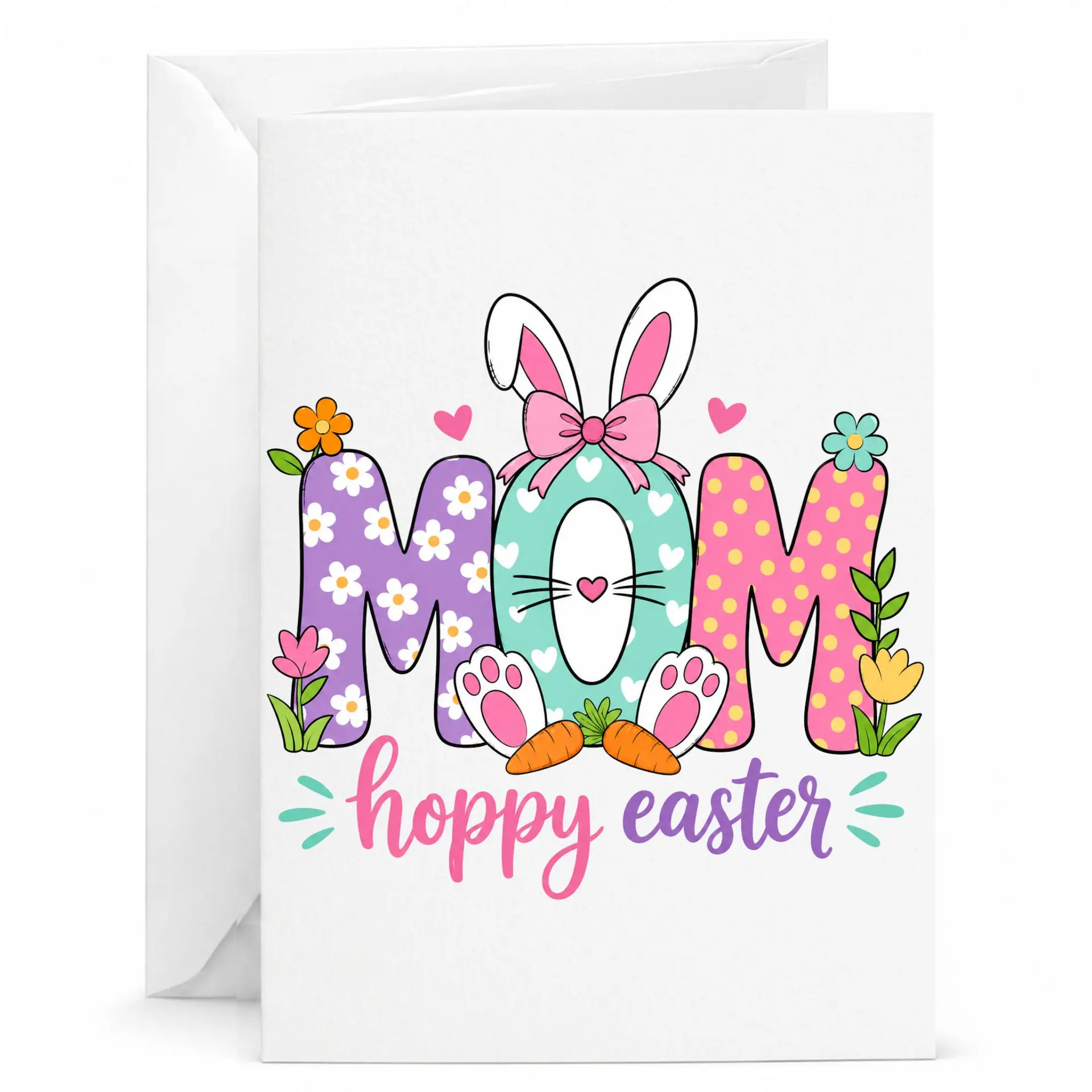 Greeting Card for Mom Hoppy Easter Floral Bunny Rabbit Design Springtime Holiday Note with Matching White Envelope