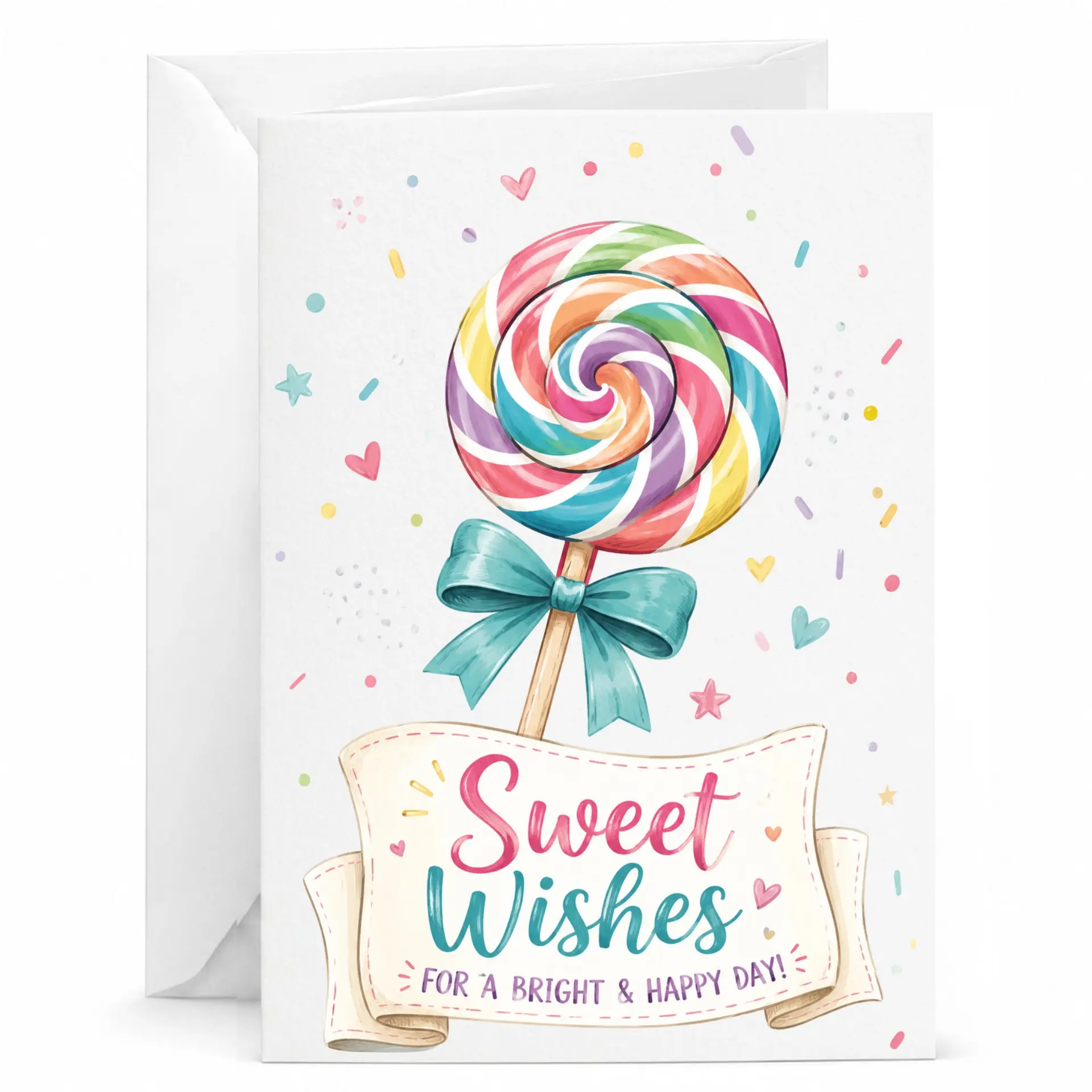 Sweet Wishes Greeting Card with Matching Envelope Colorful Lollipop Design for Birthdays Celebrations and Holidays