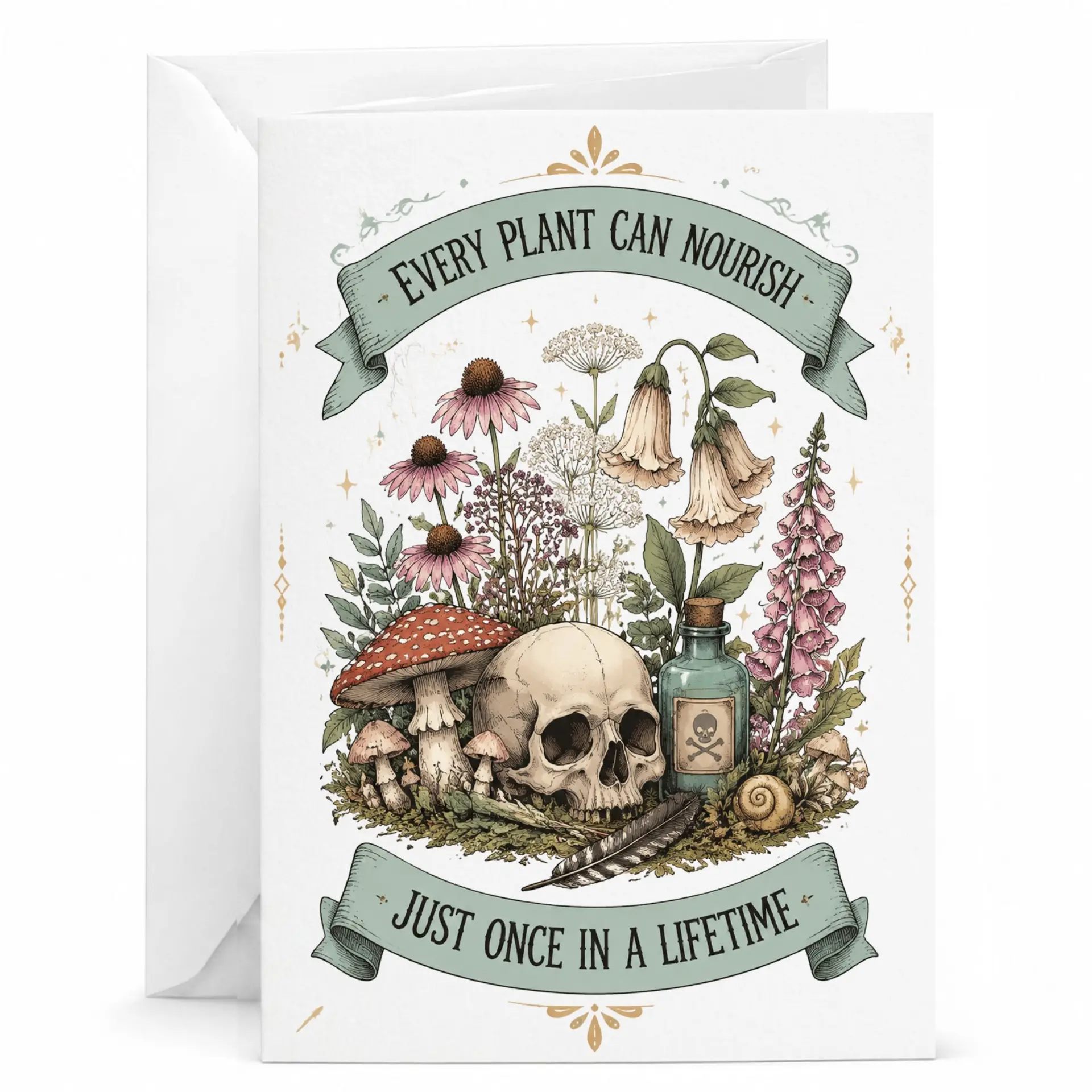Skull Illustration Greeting Card with Envelope Spooky Floral Garden Artwork for Unique Stationery Needs