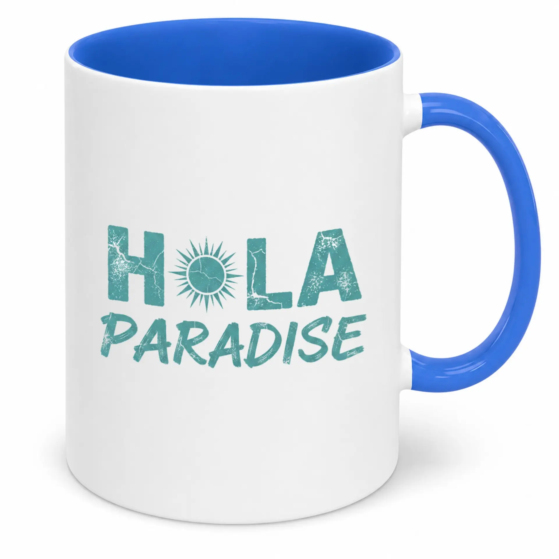 Hola Paradise Tropical Beach Themed Coffee Mug with Sun Design, Distressed Style White Ceramic Mug with Blue Handle and Interior