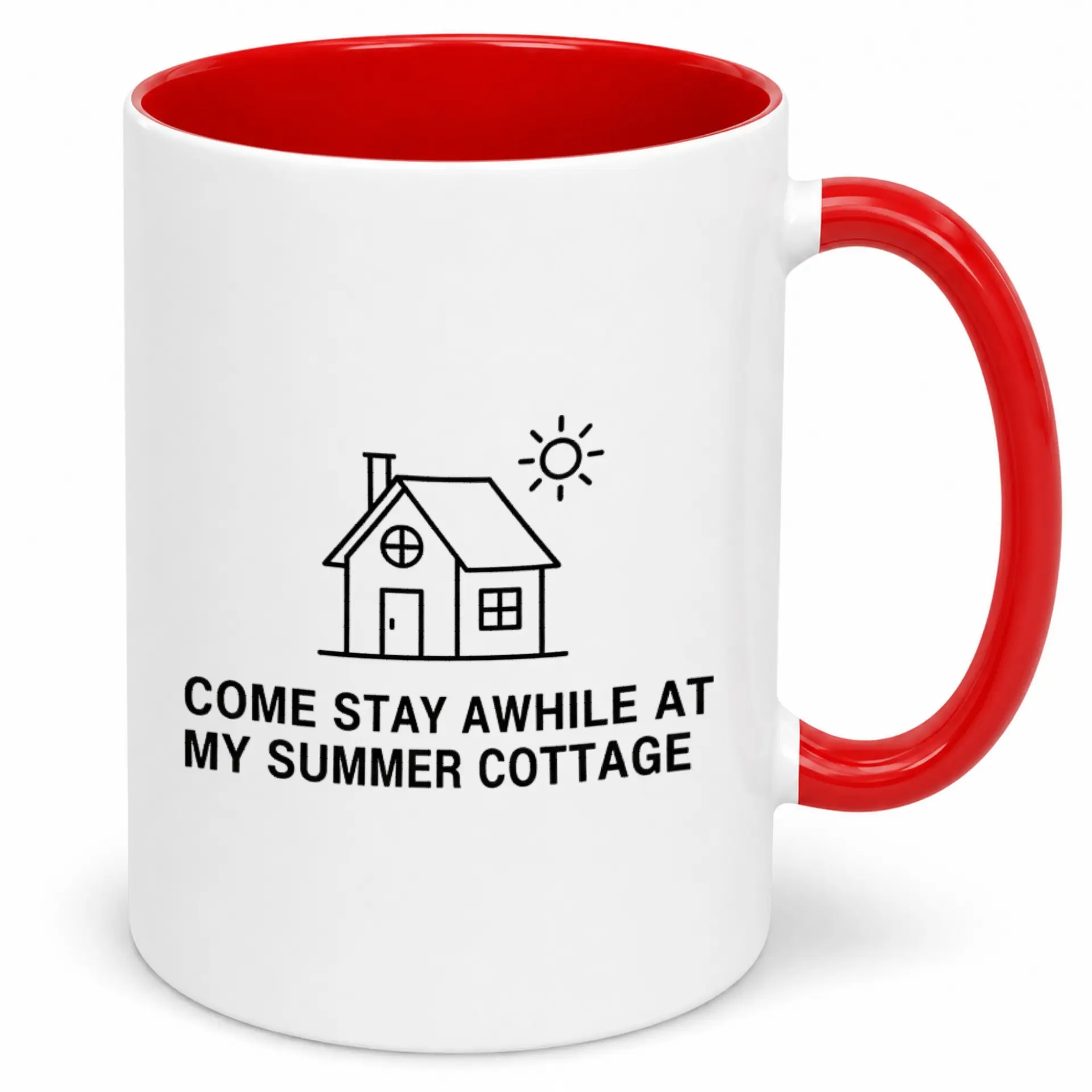 Ceramic Coffee Mug for Home or Office Funny Cottage Themed Drinkware with Unique Design White and Red Novelty Cup