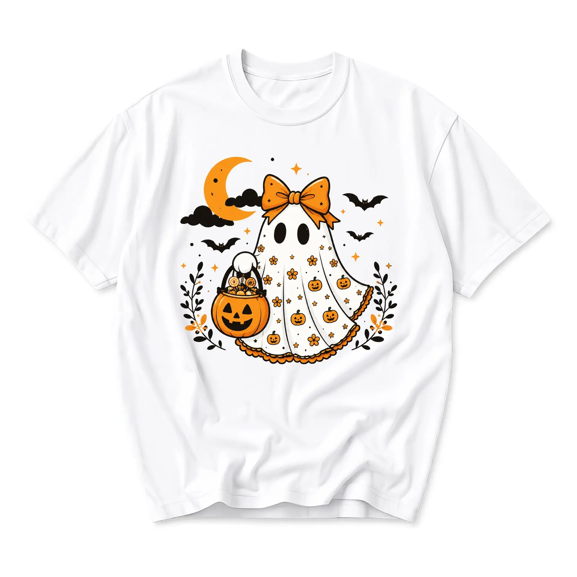 Graphic Tee Cute Ghost with Pumpkin Bucket and Bow Halloween T-Shirt Unisex Crew Neck Soft Cotton Casual Top
