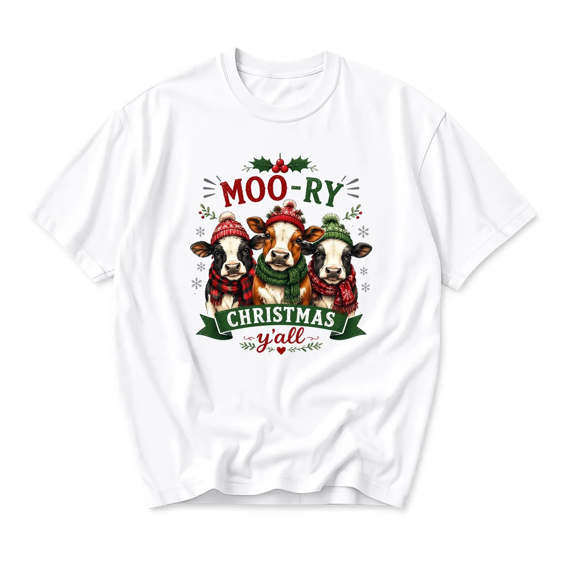 Funny Shirt Moo-Ry Christmas Yall Graphic Tee Cute Cow Holiday Apparel for Casual Everyday Winter Seasonal Outfits