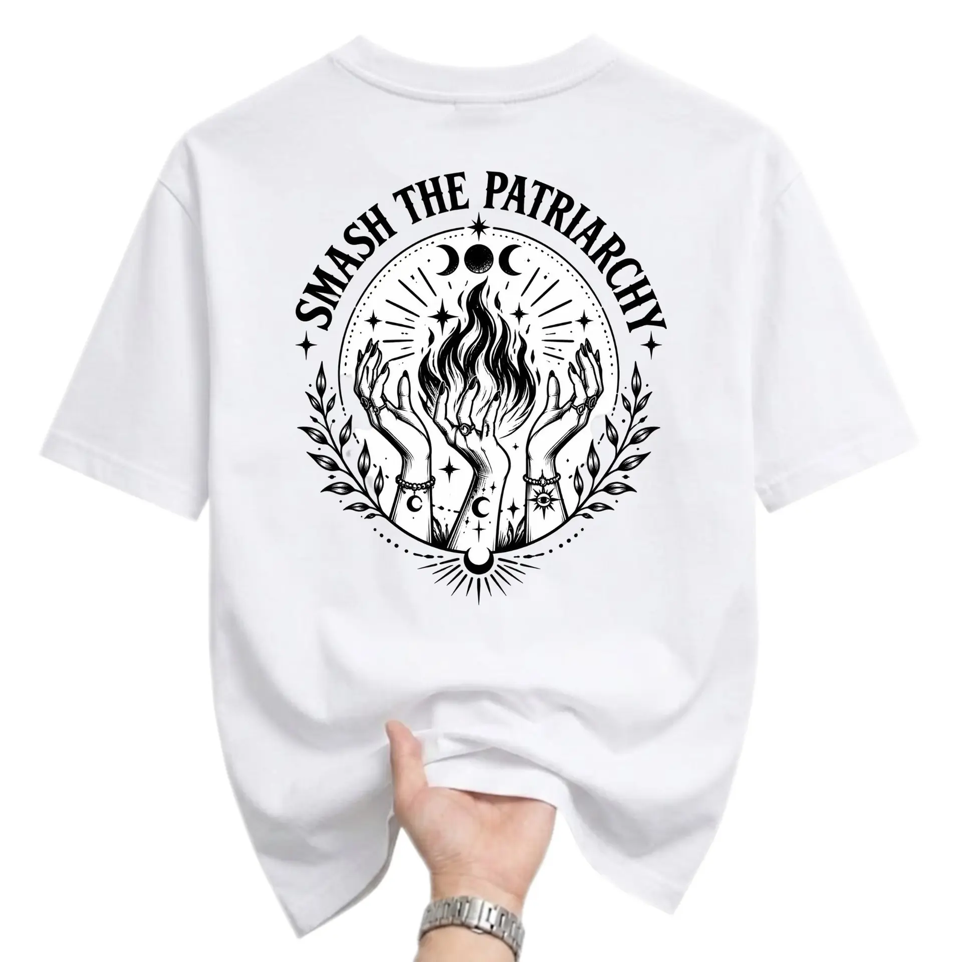 Graphic Tee Unisex Crew Neck T-Shirt Featuring Celestial Occult Style Smash the Patriarchy Flame Hands Illustration
