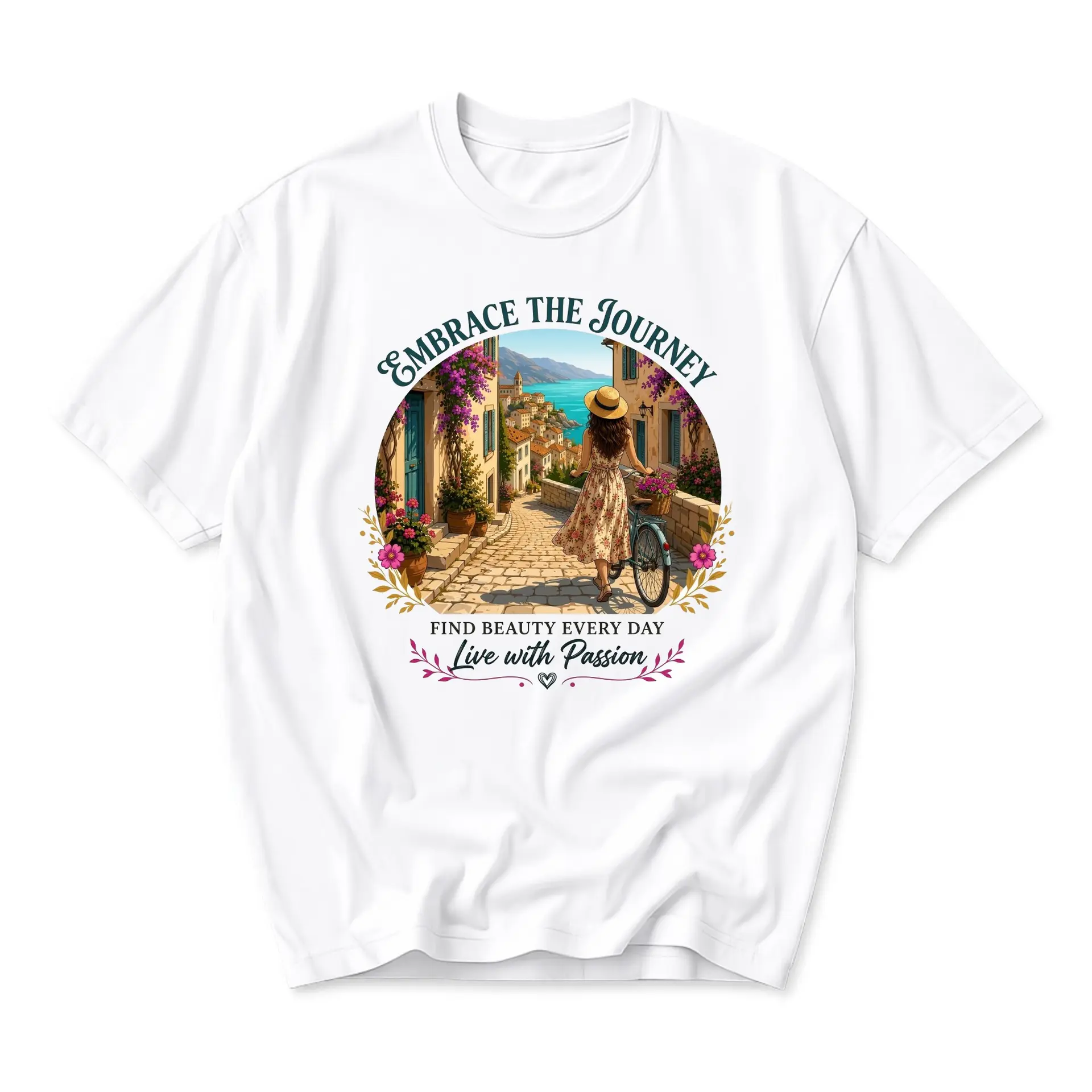 Graphic Tee Embrace the Journey Travel Aesthetic Unisex T-Shirt Mediterranean Coastal Village Print Casual Crew Neck Top