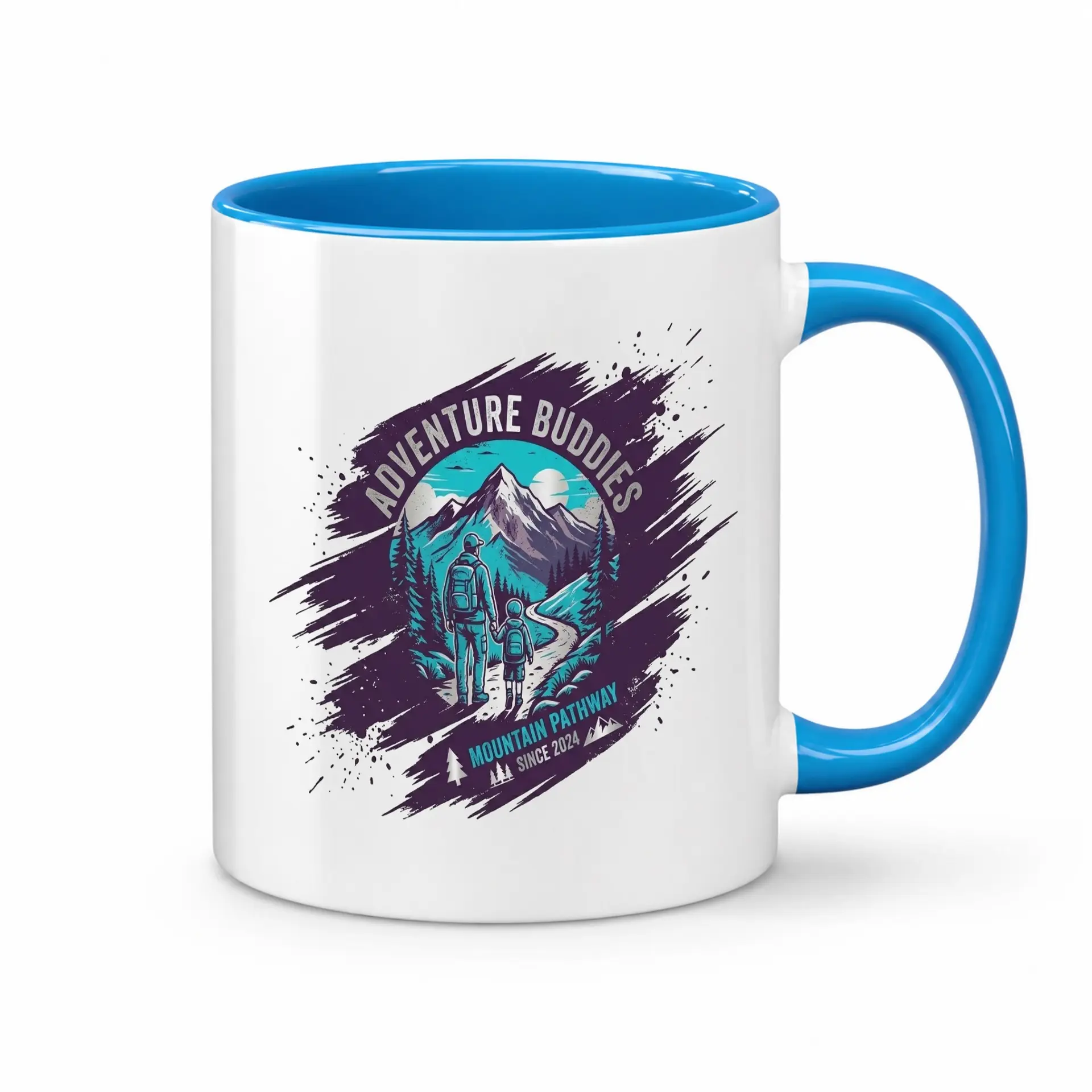 Adventure Buddies Mountain Pathway Ceramic Coffee Mug with Blue Handle and Rim Graphic Travel Themed Drinkware Gift