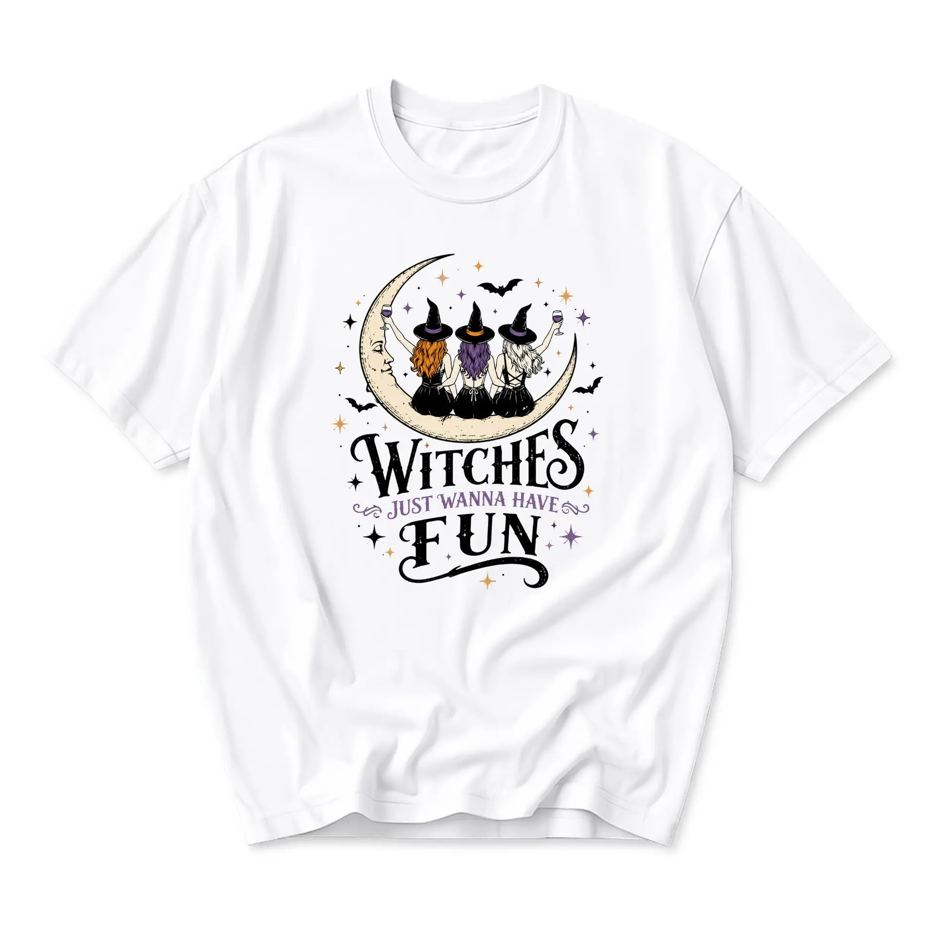 Graphic Tee Witches Just Wanna Have Fun Celestial Moon Print Unisex Casual Crew Neck Comfortable Cotton Shirt